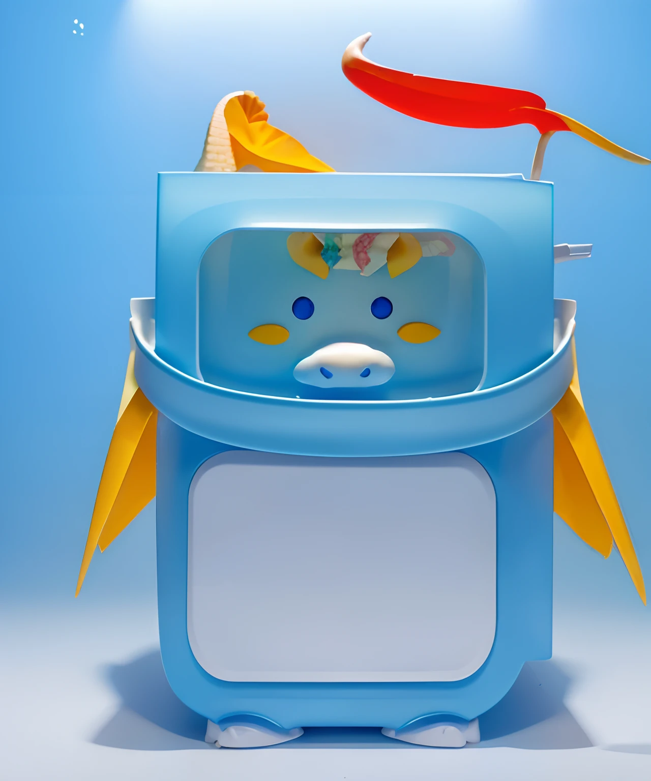 Generate a new image，Take the refrigerator as the body，The dragon's tail serves as a handle for the refrigerator，The horns of the dragon are decorated with a refrigerator roof，The color is mainly blue and white，Red, yellow, is the accent color