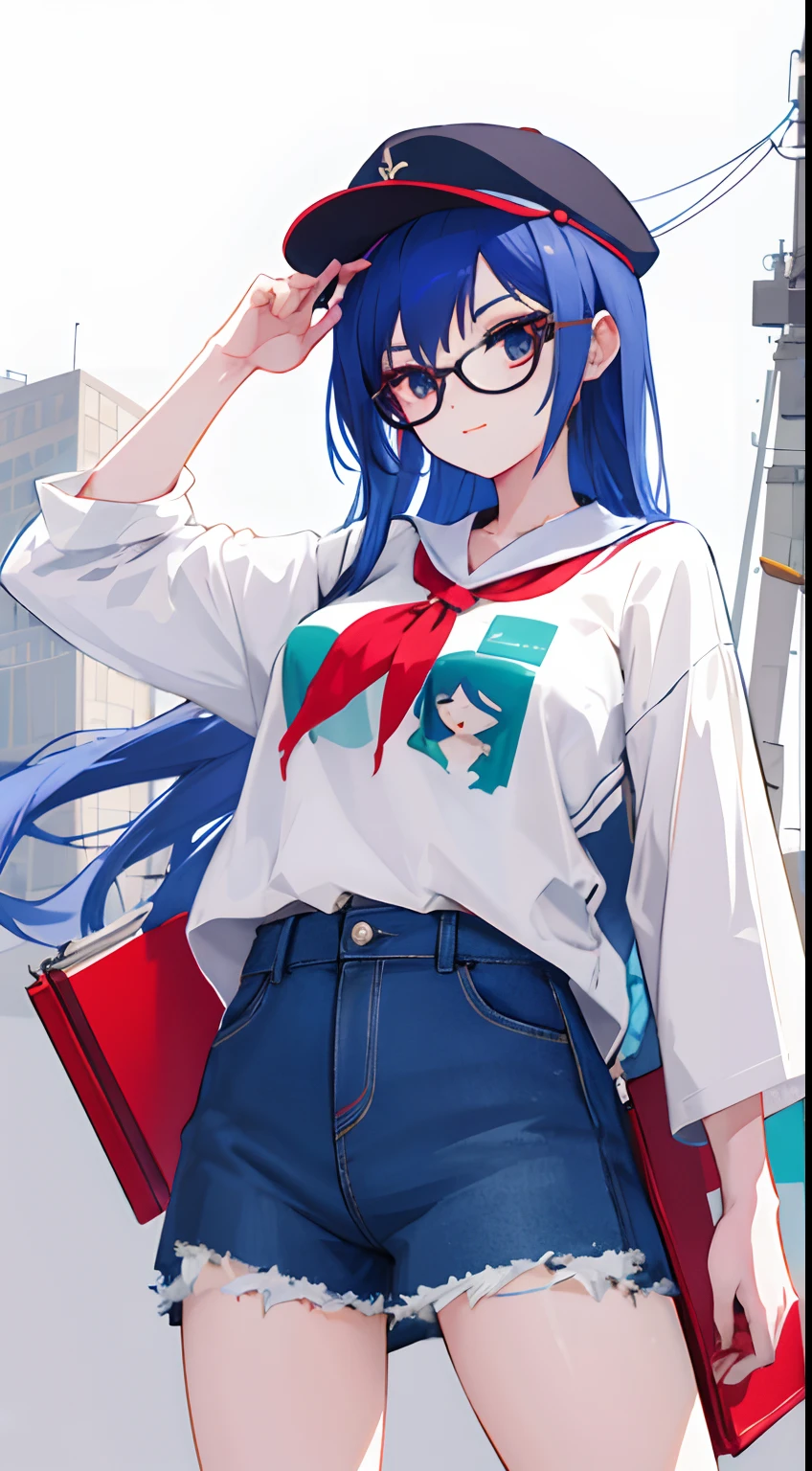 A woman, in a dynamic pose, wear cap, Glasses, Long shirt, Designed by Gucci::3, Tumblr, Inspired by Cheng Yanjun's style, Digital art, Emoji Loepfe Net Girl, Dezern Trends, catalogue photo, 3 d render beeple, rhads and lois van baarle, Cartoon style illustration, bright pastel color, Beautiful artistic illustration, Retro Anime Girl - AR2:3 --q 2