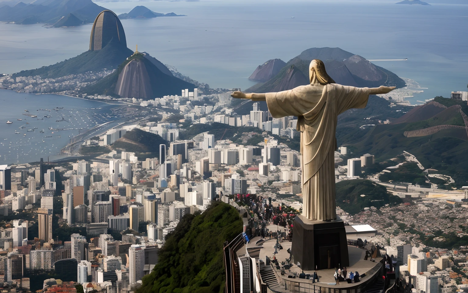 Arafed statue of Jesus overlooking a city and a bay, Cristo Redentor, cristo redentor, rio de j