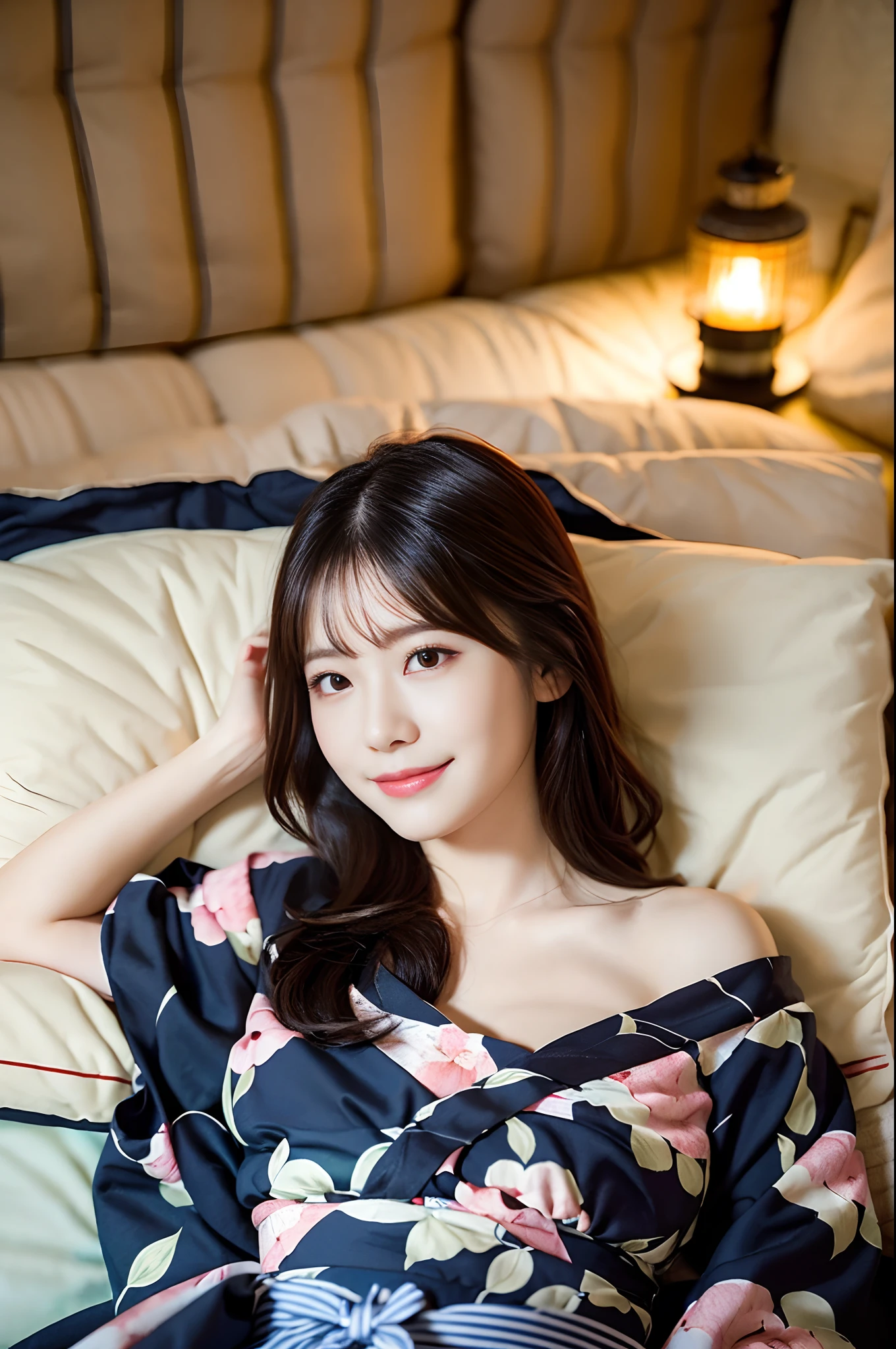 1girl in, Extremely cute face, Amazing face and eyes, (Highly detailed eyes, Highly detailed face), fresh, Very clean appearance, (Hyper-realistic, hight resolution), (Best Quality:1.4), Raw photo, (Realistic, Photorealsitic:1.37), Professional Photography, Cinematic Light, (floral pattern yukata:1.25), (Amazing big:1.1), (Open yukata), (Bare shoulders), Smile slightly, (Lying face down on a futon:1.5), (Staring at me), Bedroom, futon bedding, PILLOWS, Floral Screen, Relaxing, Lantern light, candle light,