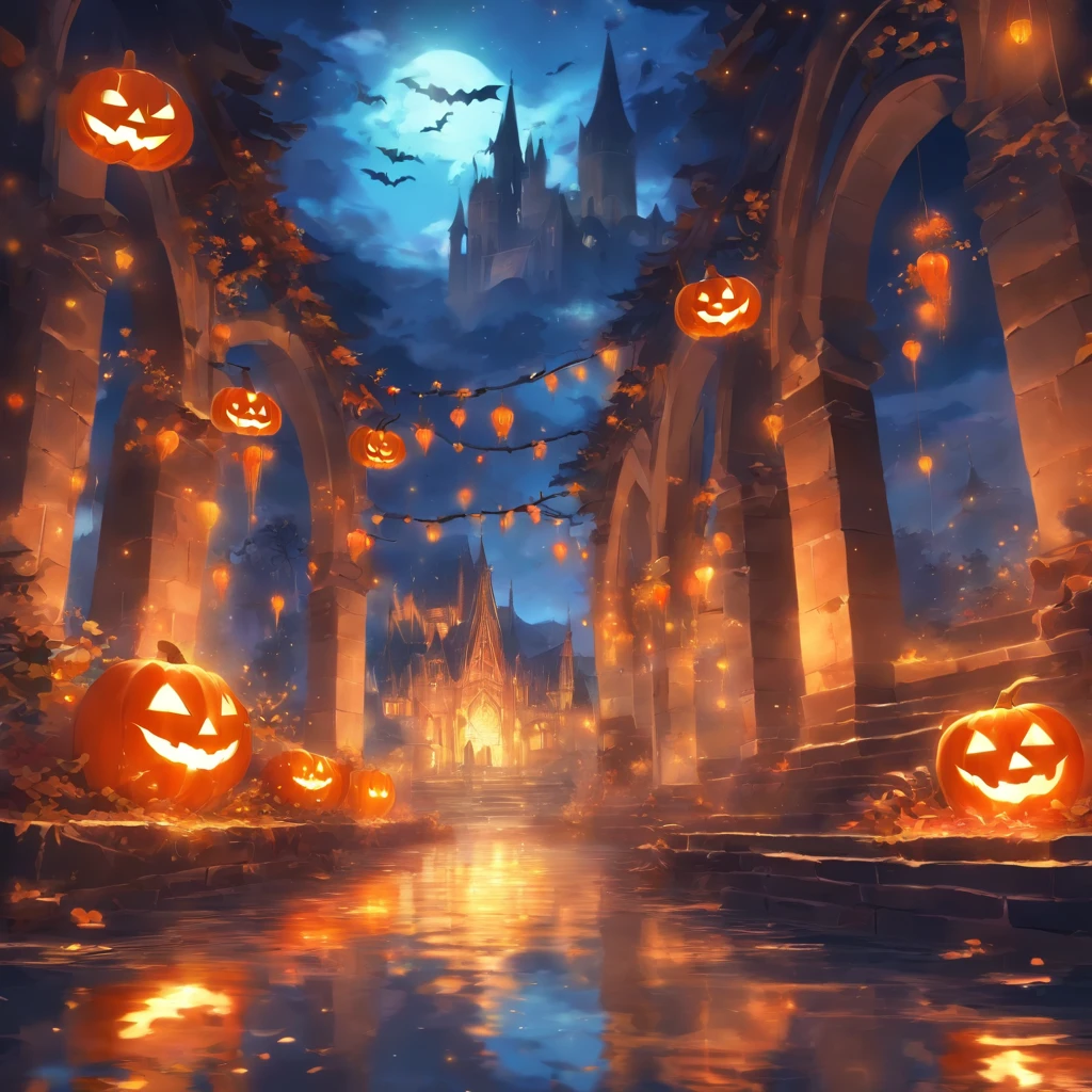 Halloween floating lights, cinematic light and reflections, Glowing lights, Intermediate metaverse elements,Digital painting, glowing reflections, Pondering, Halloween Jack Lantern, calm evening, Digital illustration, Beautiful atmosphere, Skylight at night, Peaceful evening atmosphere, Jack-o'-lantern, Halloween, the night, themoon, game scenes, Halloween, Surrounded by clouds, Architecture of medieval Europe, glazed tiles, European Union, Gorgeous colors, There are three arches in the foreground((Color ink)), ( (Splash ink ) ), ((Splash ink) Inky})), tmasterpiece, high qulity, Beautiful graphics, high detal,Magnificent