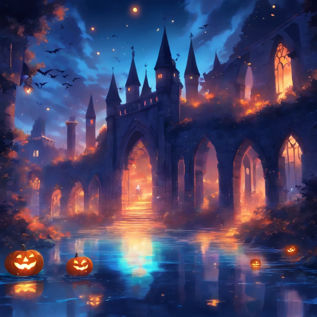 Halloween floating lights, cinematic light and reflections, Glowing lights, Intermediate metaverse elements,Digital painting, glowing reflections, Pondering, Halloween Jack Lantern, calm evening, Digital illustration, Beautiful atmosphere, Skylight at night, Peaceful evening atmosphere, Jack-o'-lantern, Halloween, the night, themoon, game scenes, Halloween, Surrounded by clouds, Architecture of medieval Europe, glazed tiles, European Union, Gorgeous colors, There are three arches in the foreground((Color ink)), ( (Splash ink ) ), ((Splash ink) Inky})), tmasterpiece, high qulity, Beautiful graphics, high detal,Magnificent