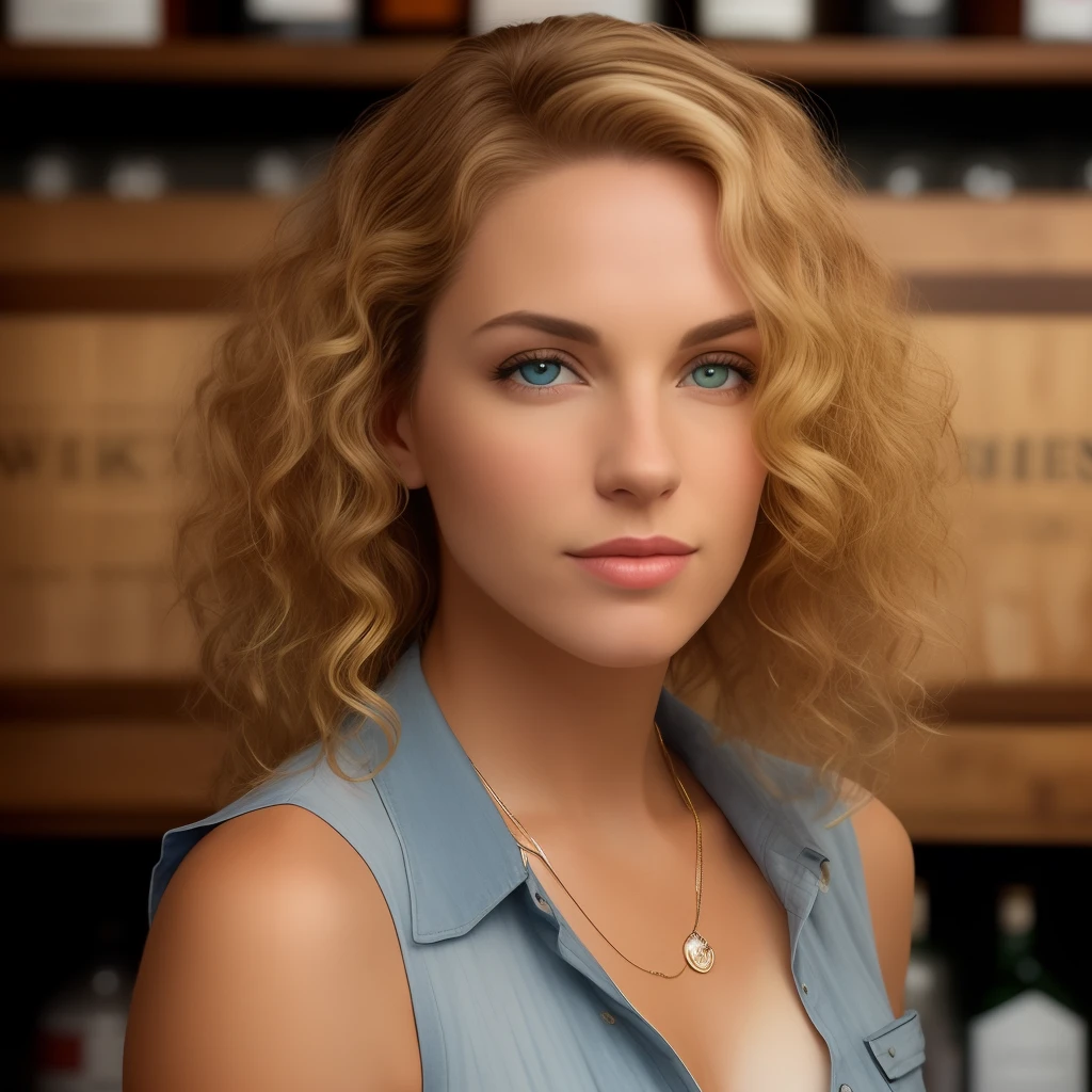 An American blonde woman with curly blonde hair and whiskey brown eyes.