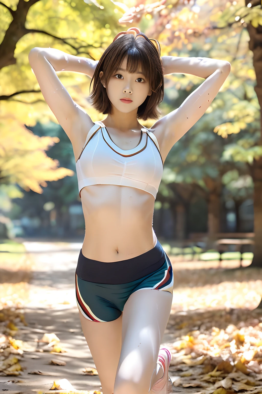masutepiece, Best Quality, One girl, (Beautiful Girl:1.4), (18 years old:1.3), Very fine eye definition, (Symmetrical eyes:1.3), (fullllbody:1.3)、(Perfect body without contradiction、Perfect limbs without contradiction:1.8)、(Beautiful large breast、Constricted waist:1.4), Brown eyes, Parted bangs, Brown hair、 (In a park full of autumn leaves、in sexy pose、Rest after sports)、(Thin fabric young々Running wear with a good design:1.6)、(Clothing sticks to sweaty skin:1.4)