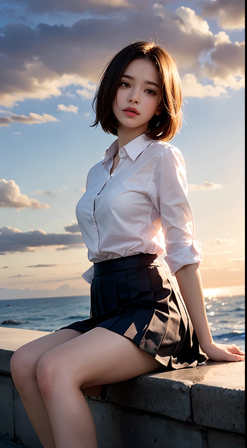 (Best Quality, High resolution, masutepiece :1.3), Pretty women,
Against the background of orangey sunset sky、Clouds and sun sink into the ocean, Beautiful schoolgirl in uniform sitting. Her hair is light brown, And it's medium bob style. She wears a white blouse and pleated skirt as part of her uniform. She sits with her legs apart, And her gaze is directed to the camera. Create this scene from a low angle shot.
