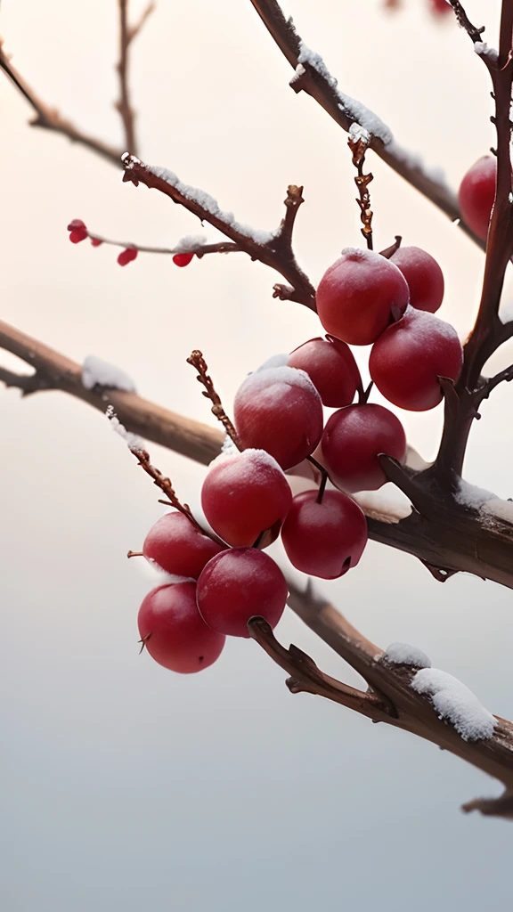 A frozen branch,There are two small red hawthorns on it,There is frost on hawthorn and branches,In the orchard,vague background,Early winter weather