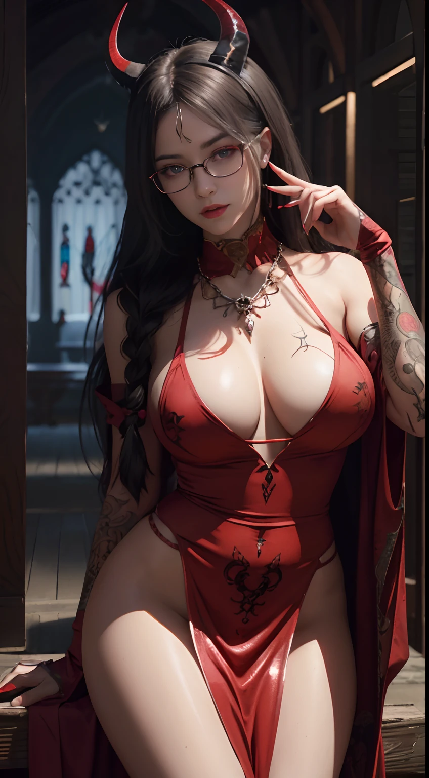 Fine、(The best illustrations)、8k UHD resolution、intricate-detail、top-quality、realisitic、ultra-detailliert、The best lighting、Best Shadows、Soft lighting、Ulutra HD、Ultra-realistic、Tindall Effect、Photorealsitic、(High Detail Skins:1.2)、 (Intricate details, makeup, pureerosface_v1:0.5), (Detailed beautiful delicate face, Detailed beautiful delicate eyes, A perfectly proportioned face, High detailed skin, Detailed skin, best ratio four finger and one thumb, arms below , Tattoo with a red glow under the stomach、Awesome awesome, wide hips, smooth midriff, skiny and thin, __Fashion__, __hair__:1.25)、Digital SLR、 absurderes、1 beautiful devil woman from hell, surreal female portraits by David Hockney and Alphonse Mucha, Portrait of a seductive woman、Fantasy Art, Chinese Doll、Chinese actress、Dungeon、The dragon、Devil's Palace、Devil's Torture Chamber、natta、Dark style 、In the Dark、(Detailed spooky backgrounds:0.8), magia、 女の子1人、E Nun、Dark Necromancer、Succubus、Devil's Daughter、Umi Shinonome、Bat Wings,(((Demon Horns)))、 ((((Huge glasses, Otaku Glasses, thick glasses, Round glasses)))),(((Colossal tits)))、(D's Tail)、(red eyes glowing:1.6)、red eyes make up very sharp and detailed, The eyes are very well made up, ((Red Eye:1.0)),intricate tattoos, demonic intricate tattoos, thigh tattoos, body tattoos, masterpiece、The most beautiful face、a baby face、Charming smile、plump beautiful red lips、Muscular seductive body、The enchanting body of the devil、devil style、Seductive Black Magic Costume、(((A shiny red snake is wrapped around her body)))、Longhaire、Braids、Black hair、Ponytail distortion、, Ponytail with a bow tied at the back of the hair, Beautiful expression、Body Up、Large breasts emphas, Super tight breasts, Breast augme surgery,reasts are very big and round andToned waist、Wide buttocks、 lowkey, cowboy lens, (red phoen: 1.0), devil crown, Red sparkling gemstone necklace、Jewelry Gwise, wearing black mesh socks,wearing a thin red and black