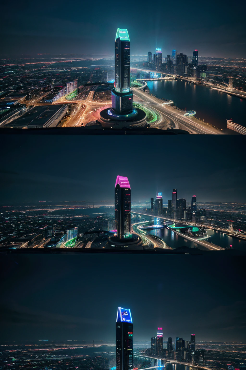 Aerial shots of a modern city with futuristic elements like flying cars, neon lights, and holographic billboards.
