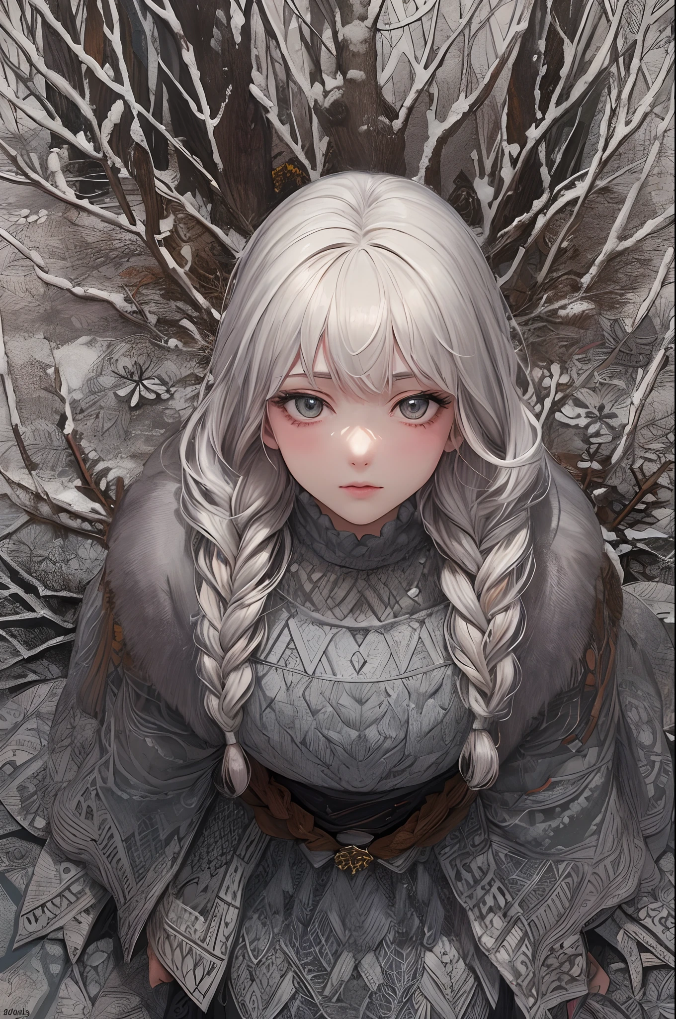 ((masterpiece:1.2, best quality)), ultra detailed, Ultra-precise depiction, Ultra-detailed depiction, (zentangle:1.2), (dynamic pose), (winter forest background:1.5), fur-lined clothes, viking, nordic tattoos, braids, 1girl, colorful, portrait, (from above:1.2)