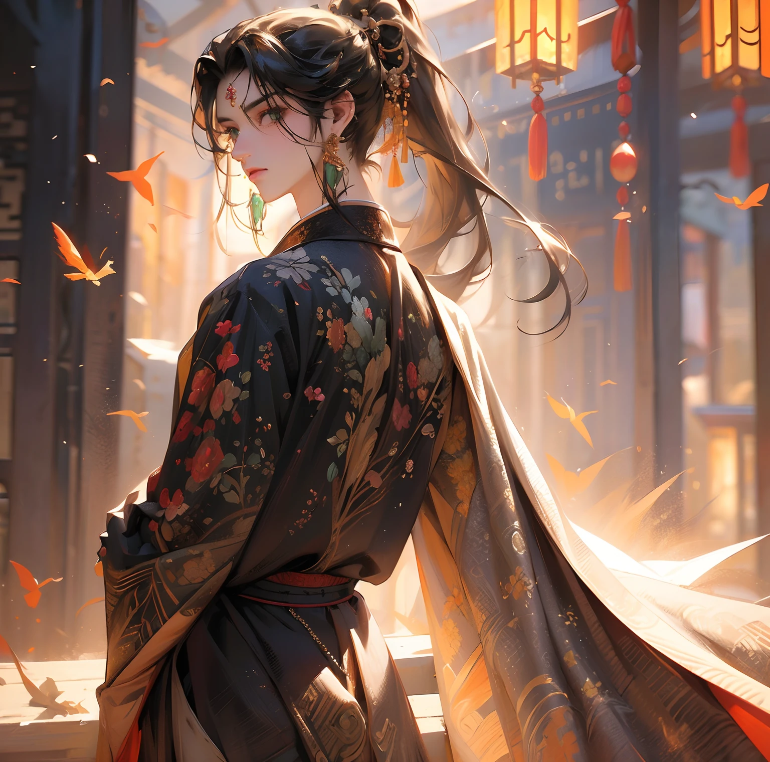 masterpiece,(masterpiece, top quality, best quality),(((realistic))),(3d:1.2),jewelry,long hair,earrings,(1boy:1.3),male focus,solo,hair ornament,ponytail,looking at viewer,chinese clothes, ancient clothes, upper body,black hair, handsome, green eyes, green clothes, bamboo, fan
