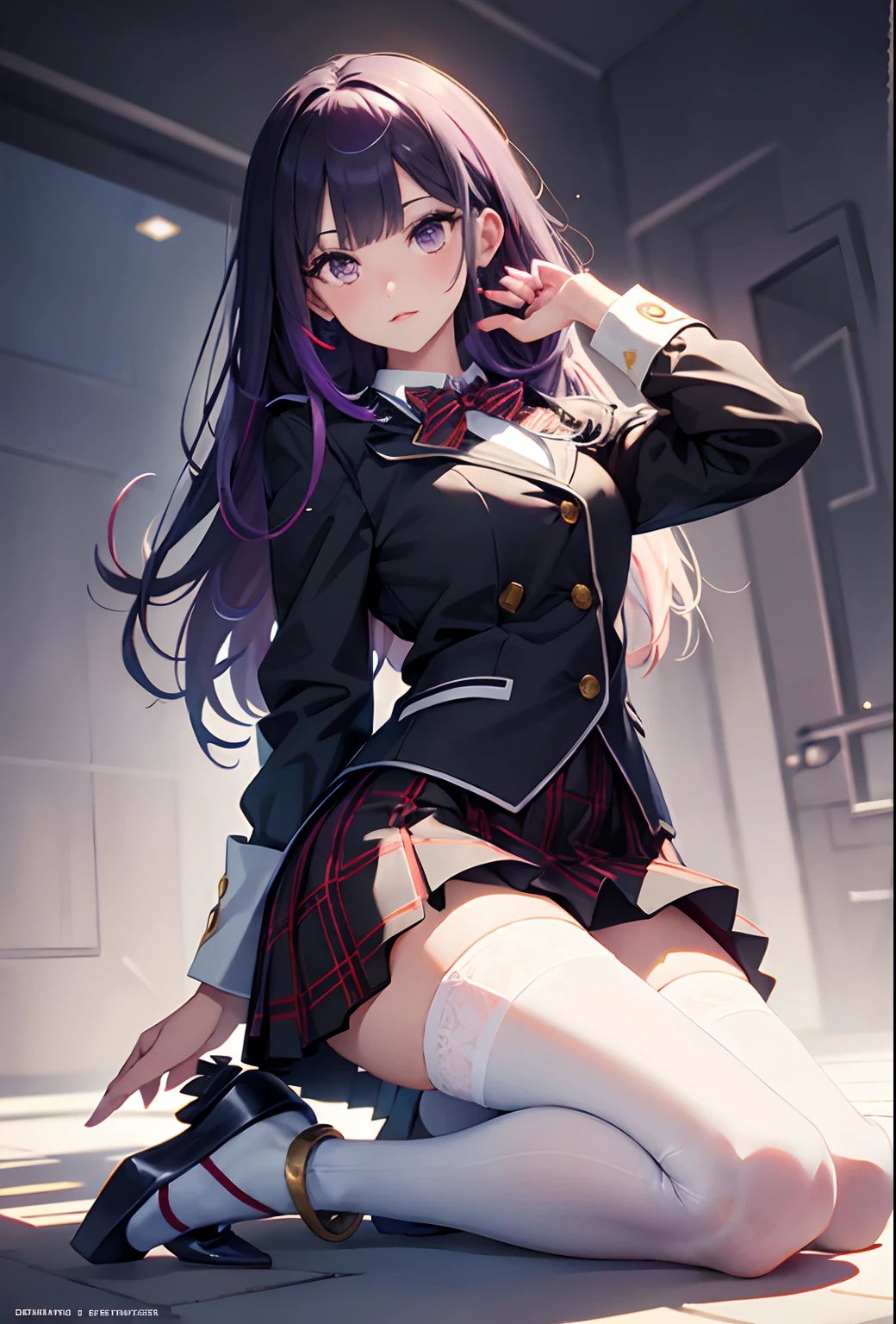 best qualityer,tmasterpiece,Ultimate resolution,downy,Extremely colorful,mature pretty woman,(JK school uniform),neck bowtie,Plaid skirts,(Beauty severed head),Normal posture,Redlip,(Kneeling pose)(Point at you with your ass),shackle,behead,Collar,handcuff,Anklets,(white stockings),Mary Jane shoes,Normal posture, dark purple hair, sharp nails, long hair, detailed