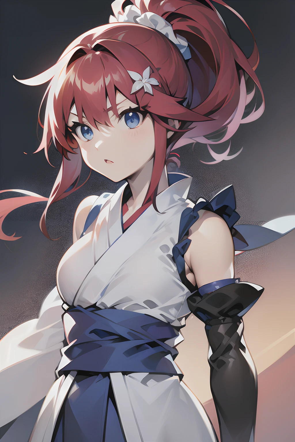 felixis, felixis d. isurugi, 1 girl, red hair, blue eyes, white kimono, half sleeves, sided ponytail, hair ornament, scrunchie, armwarmers