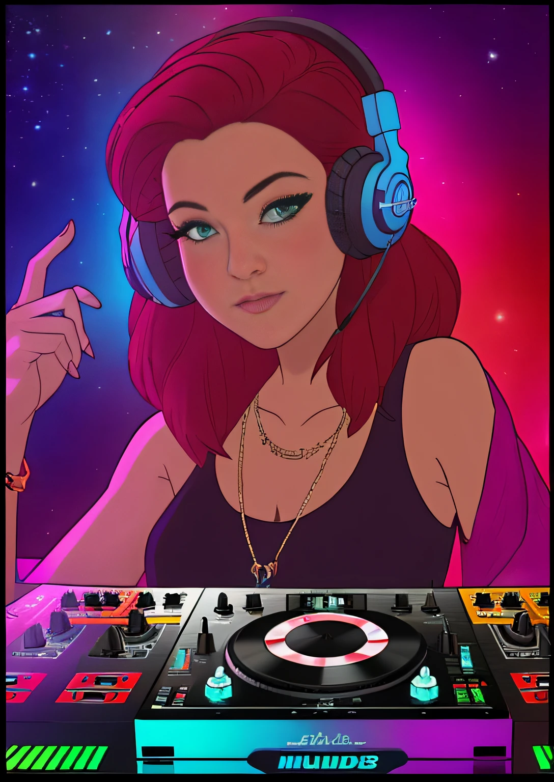 "(((Uma DJ mulher)))，(Alto-falantes enormes no palco，Misturador luminescente colorido，DJ no trabalho，Serious work，Djing，tuning，)，(exquisite facial features，seios grandes lindos，adolable，saia de couro preta，Playful accessories，Fones de ouvido DJ，Os fones de ouvido brilham，eccentric，vivacidade，Expressivo，Criado sexy)，((Face the audience from the dance floor below))，Music Clubs，lamplight，boate，Cinema independente，DJ facing the dance floor，LED.Underground banquet hall，extremely high quality，textura da pele，detalhes intrincados，(Cinematic lighting)，Foto RAW，8k。" luminous lighting. vivid colors.