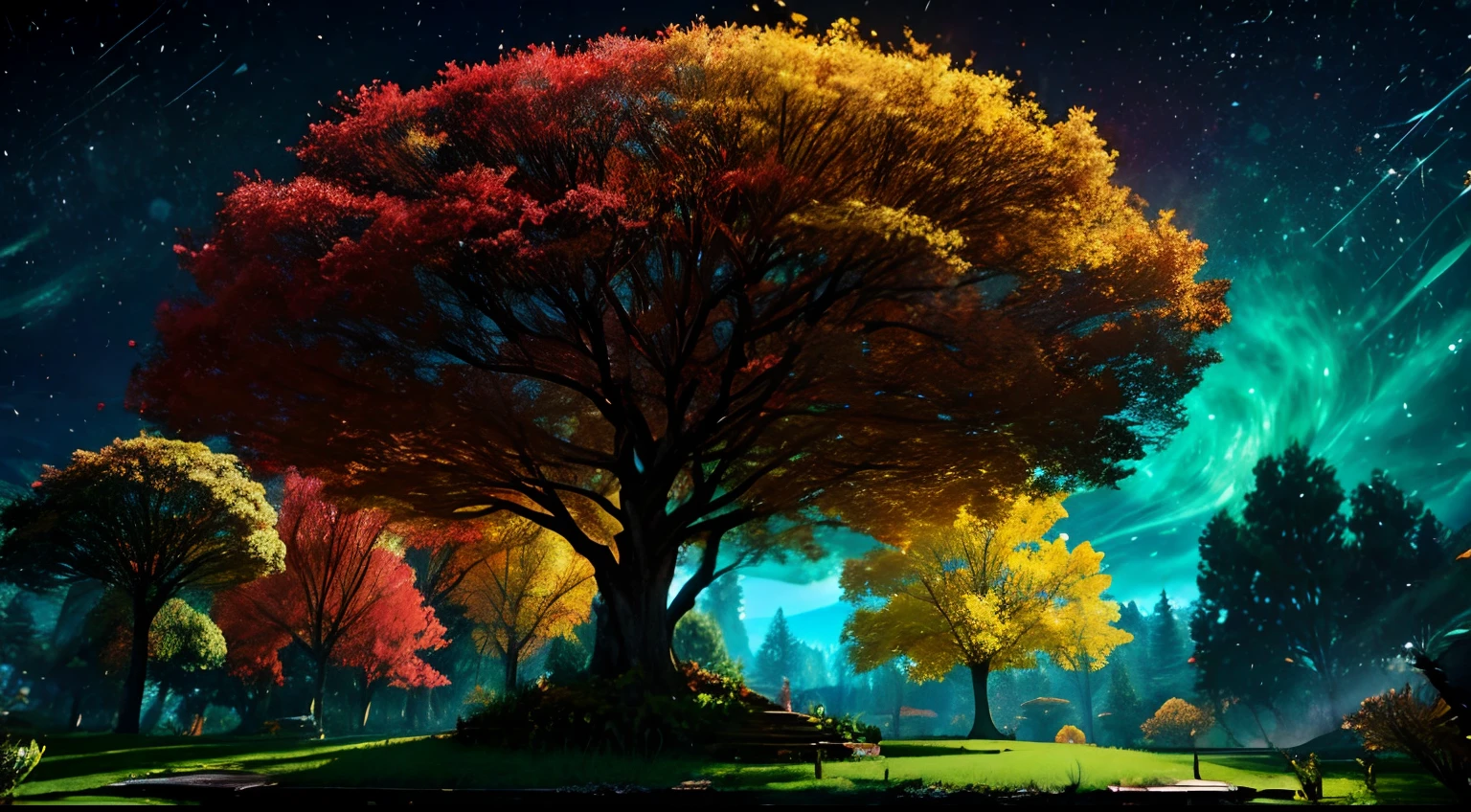 arbol gigante, bosque denso, colores dorados y plateados, escenario de fantasia