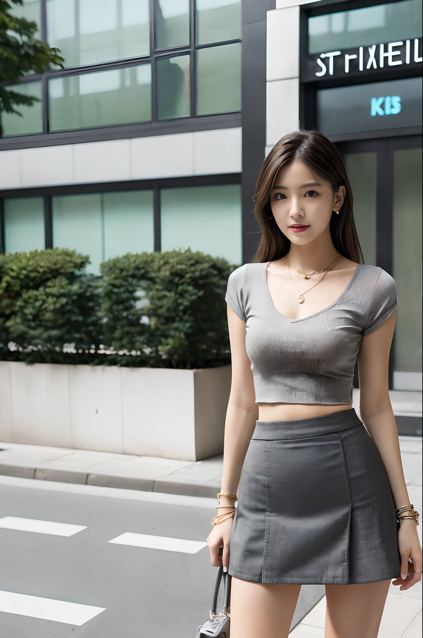 (masterpiece),Perfect female body, Young fashion girl was standing in front of an office building,(realistic:1.8),(small tits)
(gray shirt),((Black tight mini skirt))),
(耳Nipple Ring)、(A bracelet)、(a necklace)、
(Skinny and tall girl)