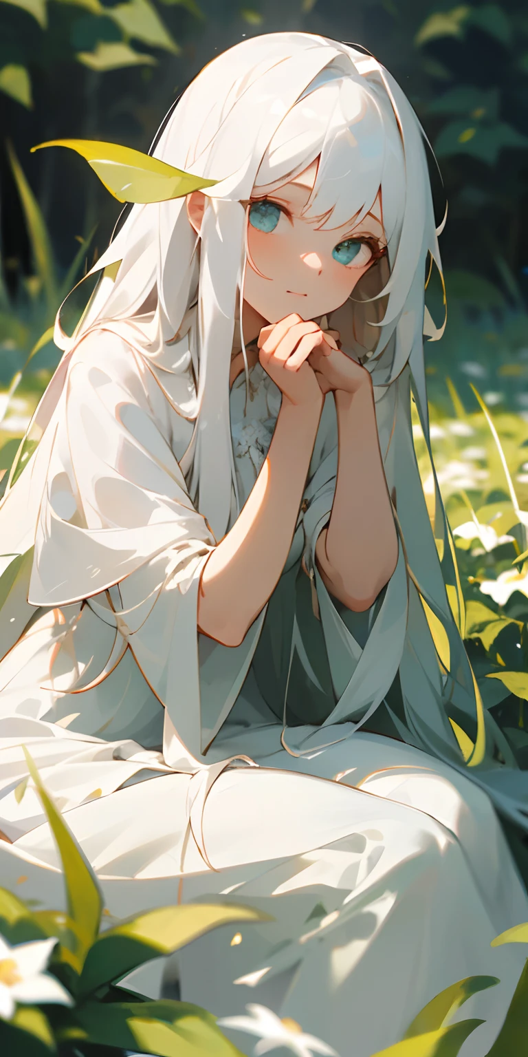 (masterpiece, best quality),1girl with long white hair sitting in a field of green plants and flowers, her hand under her chin, warm lighting, white dress, blurry foreground