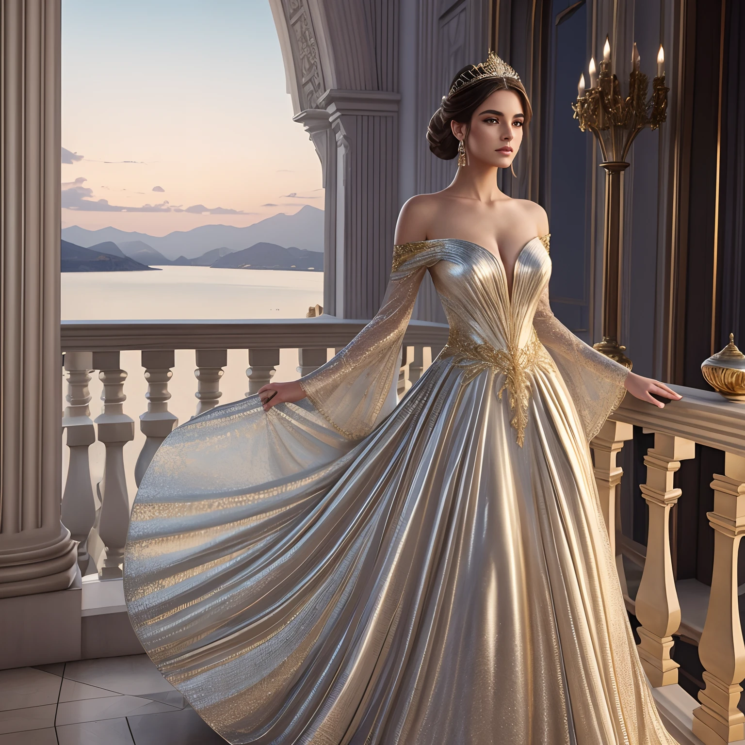 Realistic image of woman in a silver and gold dress standing on a balcony, bela arte digital, deusa bonita, ethereal beauty, pose elegante e deslumbrante, bela arte de fantasia, vestido sexy, karol bak uhd, Flowing dress, vestido de fantasia, mulher da fantasia, impressionante;, usando um vestido elegante, Vestido elegante, fantasia vestido longo intrincado, uma bela imperatriz fantasia, stunning digital illustration, Beautiful, 8k, obra prima, riqueza de detalhes