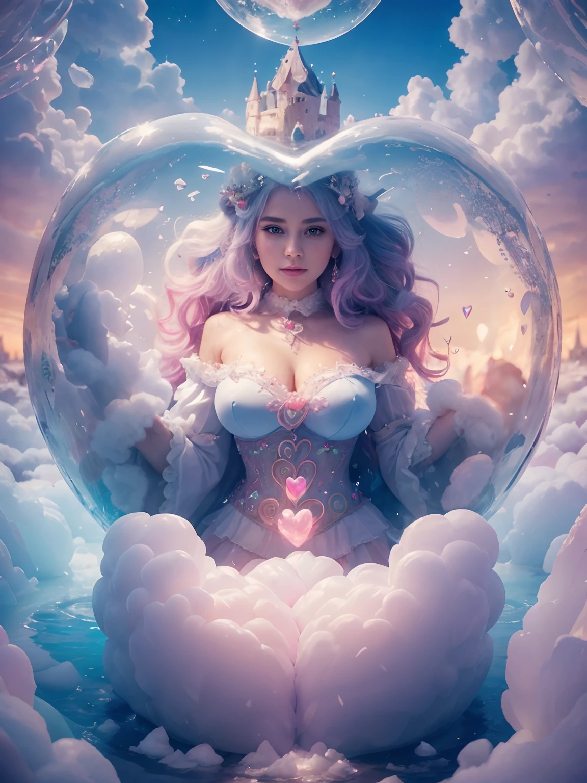 inside a heart shaped bubble a beautiful and elegant Cotton Candy Queen Women Goddess 8k Resolution Rendered Hyper Realistic Intricate Detail lives in an frosty heart shaped ice bubble, a fanciful place filled with castles, cotton candy, swans lakes and fluffy clouds, An intricate visual representation of computer programing, rendered in 24k resolution with intricate details and symbols.