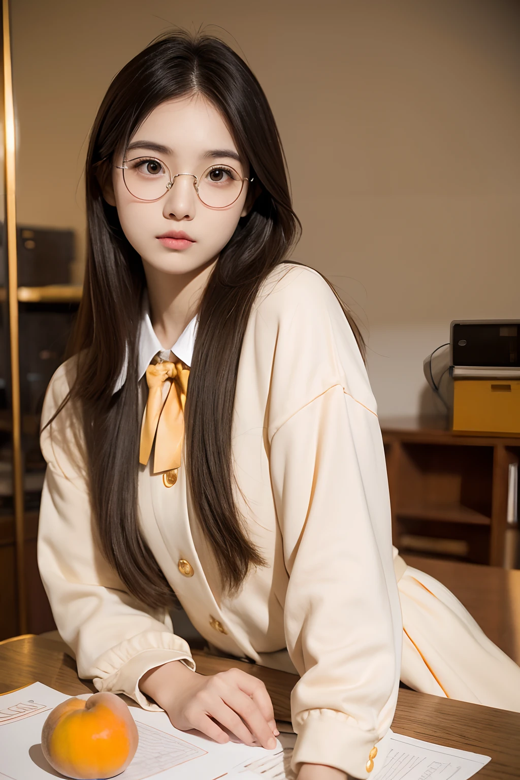 with a round face,Long hair,Apricot eyes,tiny mouth,silber hair,gold-wire glasses,schoolgirls