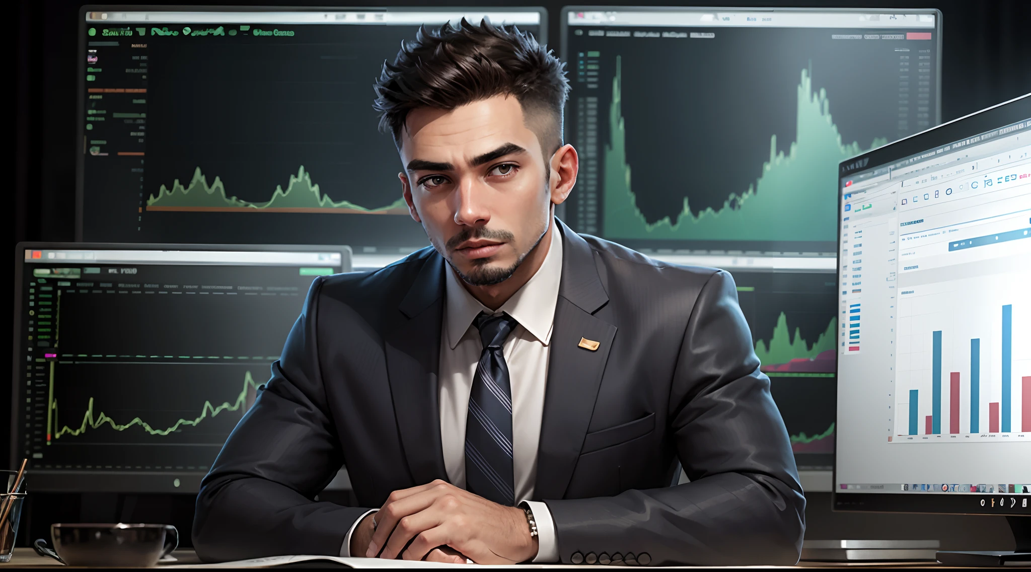 Businessman named Samuel, ambitious, white American face, looking at a computer screen, with investment chart