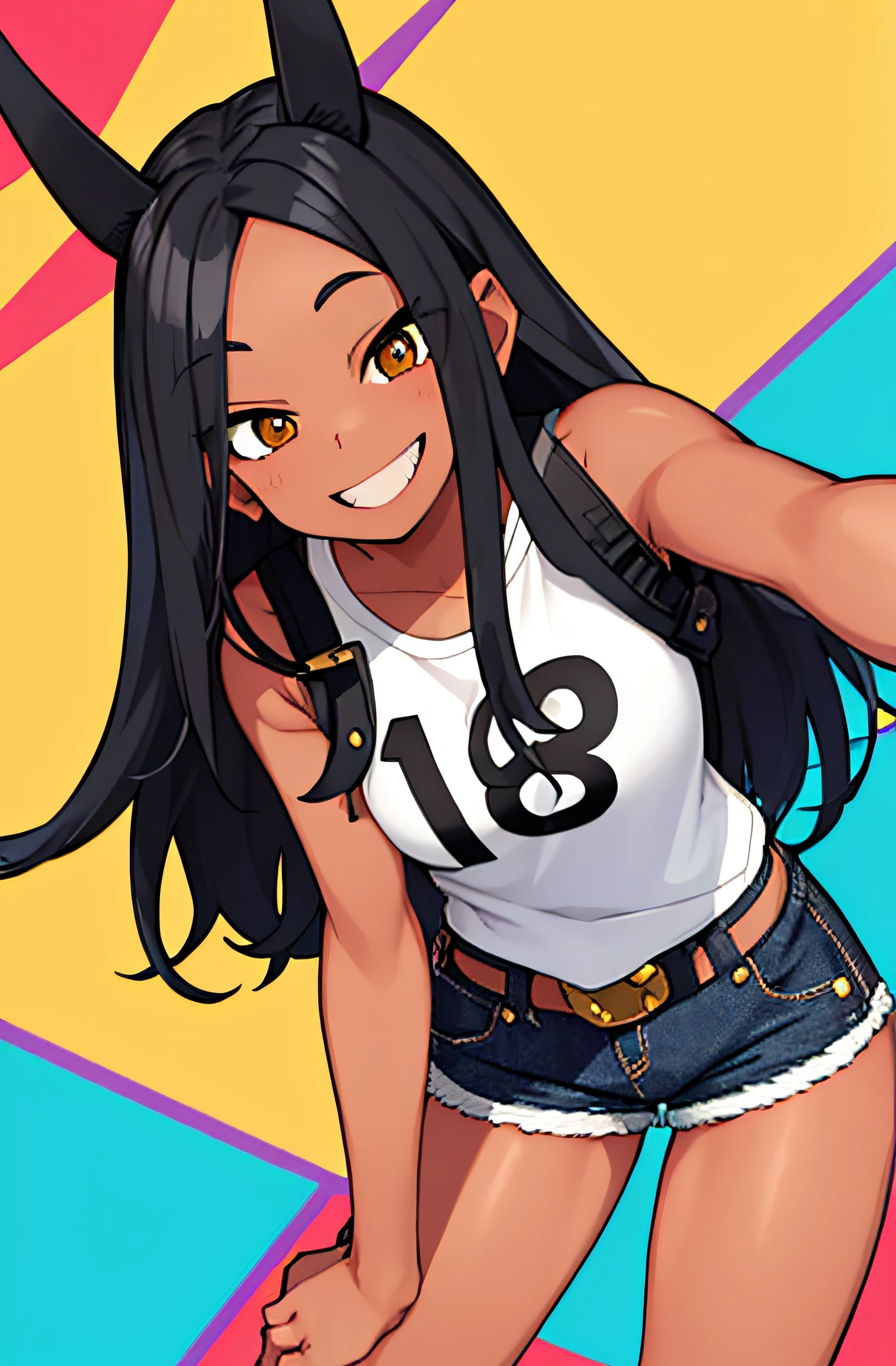 Horikoshi Kouhe, character design of an 18-year-old girl with tanned skin, straight black hair, wide forehead, who wears mini jean shorts, and you can see her legs, and a black sleeveless blouse smiling at the camera