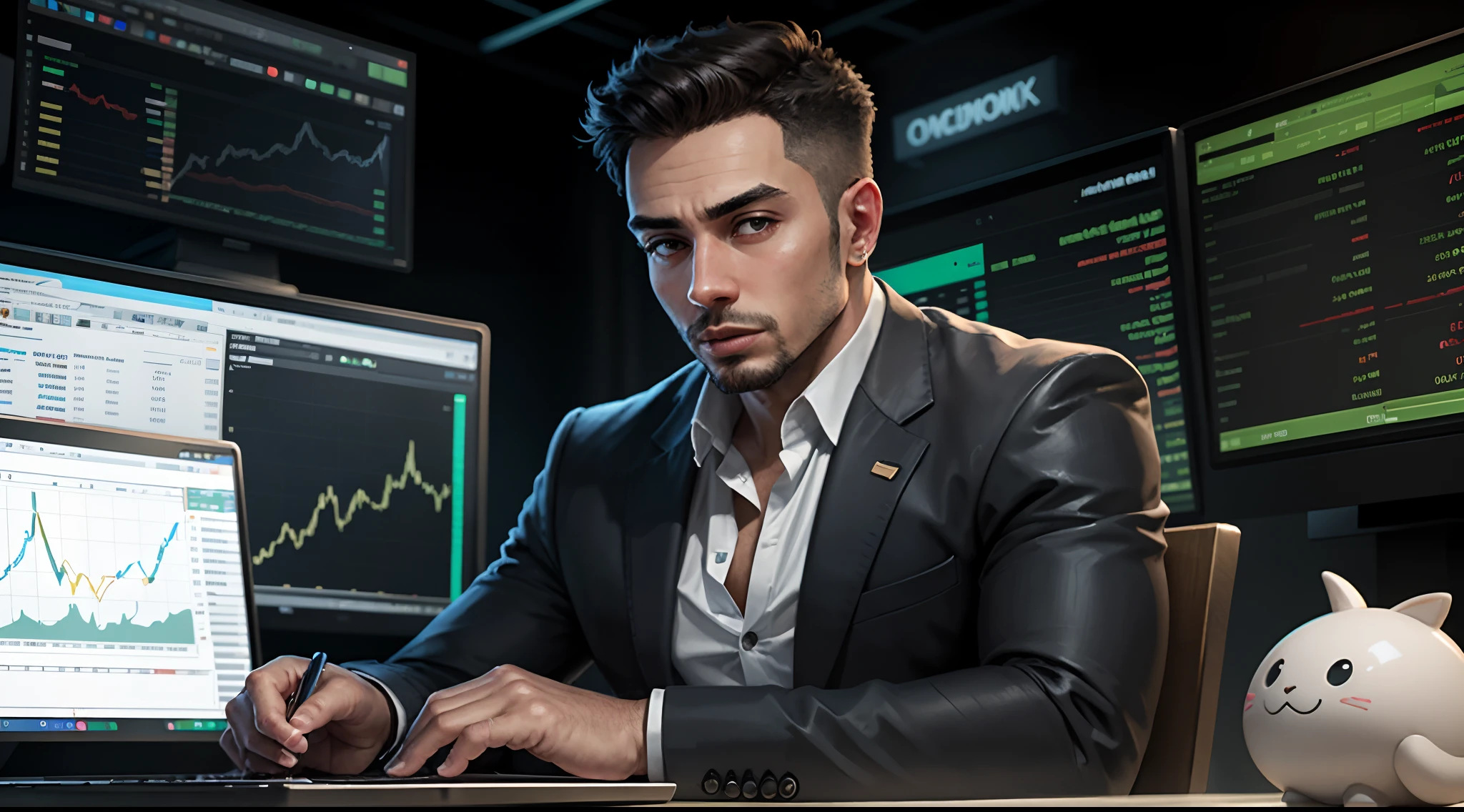 Businessman named Samuel, ambitious, white American face, looking at a computer screen, with investment chart