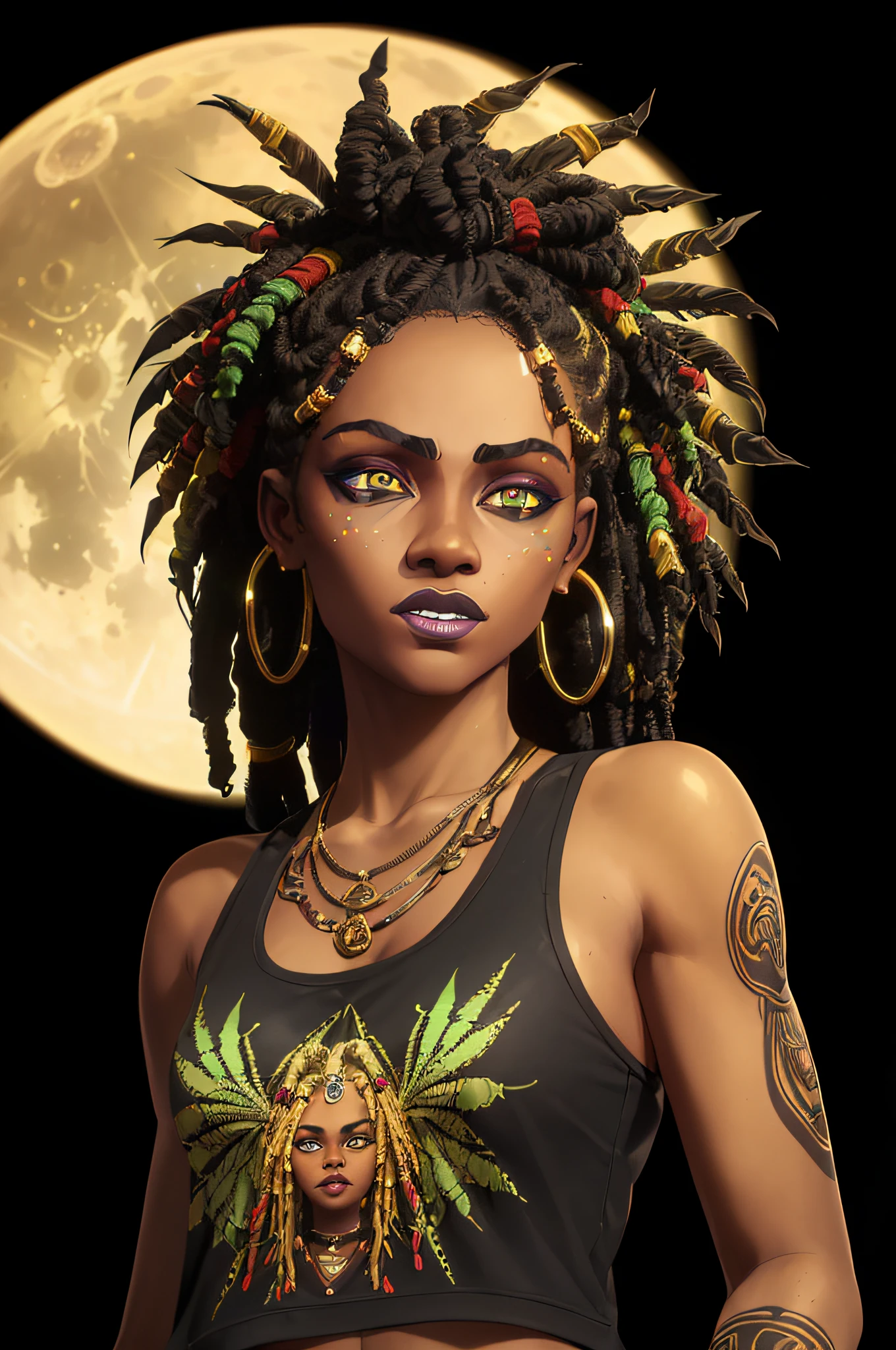 arcane style, t-shirt art, ebony girl, Rastafarian dreadlocks, golden eyes, ((smokey background :1, 5)), vector, vivid colors, stoner girl rasta outfit character, masterpiece, best quality, intricate details, perfect symmetrical face, realistic details, gothic theme, rim light, moonlight, cinematic shading, Greg Rutkowisk