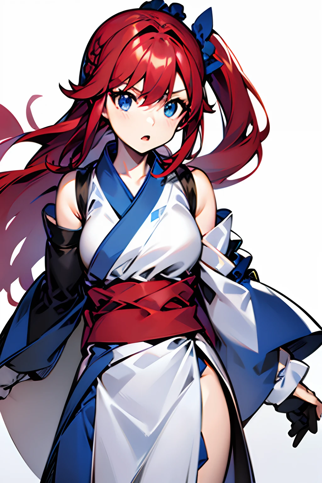 felixis, felixis d. isurugi, 1 girl, red hair, blue eyes, white kimono, half sleeves, hair ornament, scrunchie, armwarmers