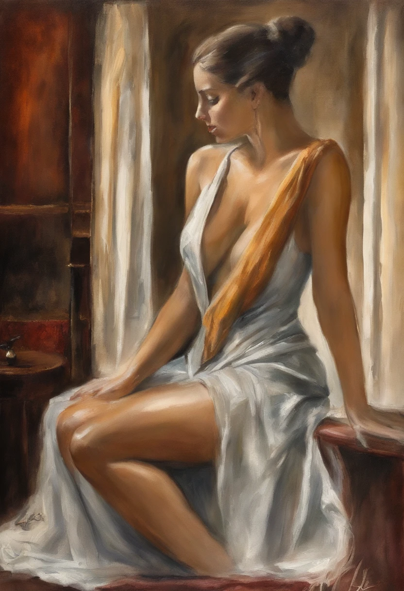 "Draw a scene with a woman with a well-defined body in a low-light motel room, the focus is on her face, with the background blurred. She is wearing a dress that reveals the design of her semi-nude body. The scene has a dark and mysterious atmosphere, as if it were the cover of a music album."