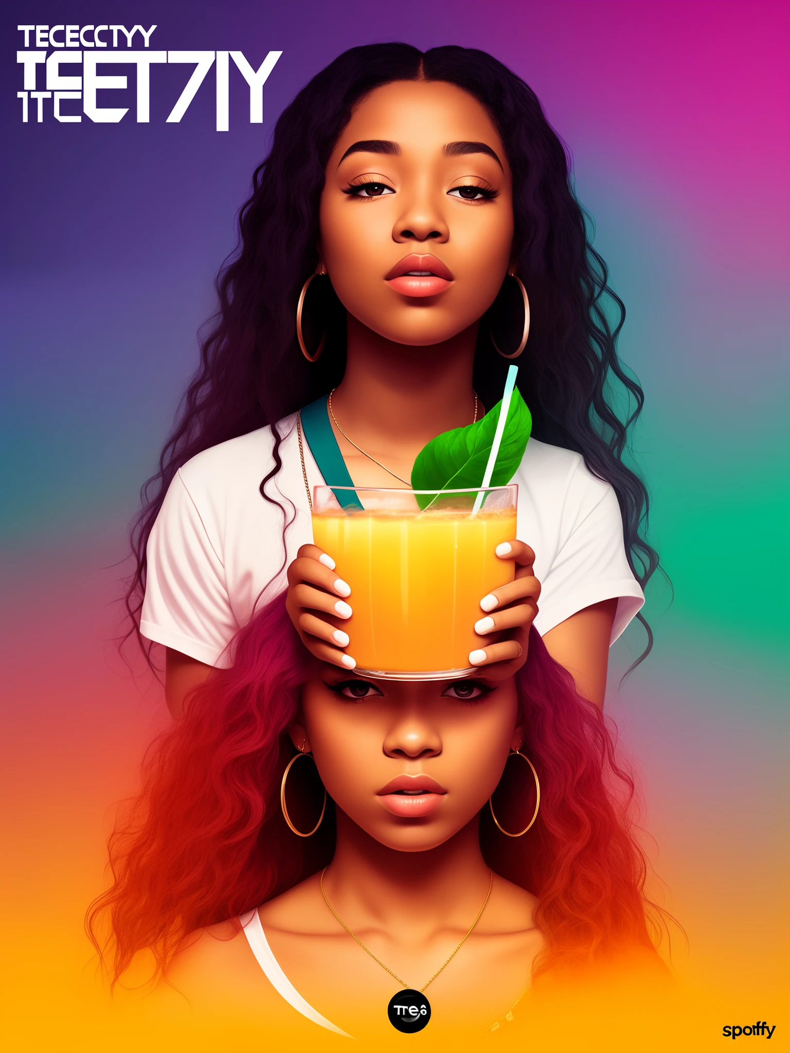 2 black women lightskin plaid shirt warm colors, open smirk, with a bottle of fruit liqueur in his hand towards the camera, with a black fabric simulating a photography studio, in an external area, artistic pose 