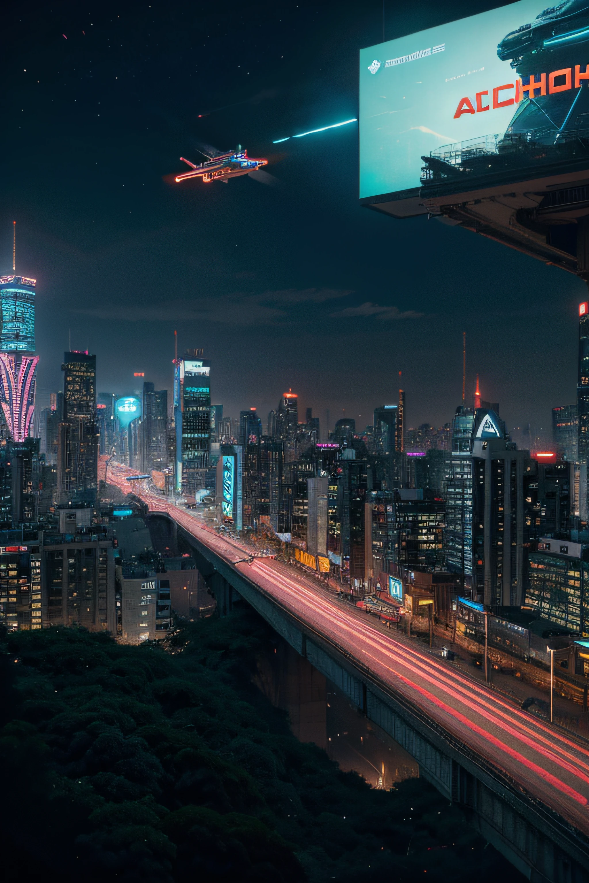 Depicting a thriving futuristic metropolis where humans and AI coexist with bright neon billboards, ads and various futuristic flying vehicles.