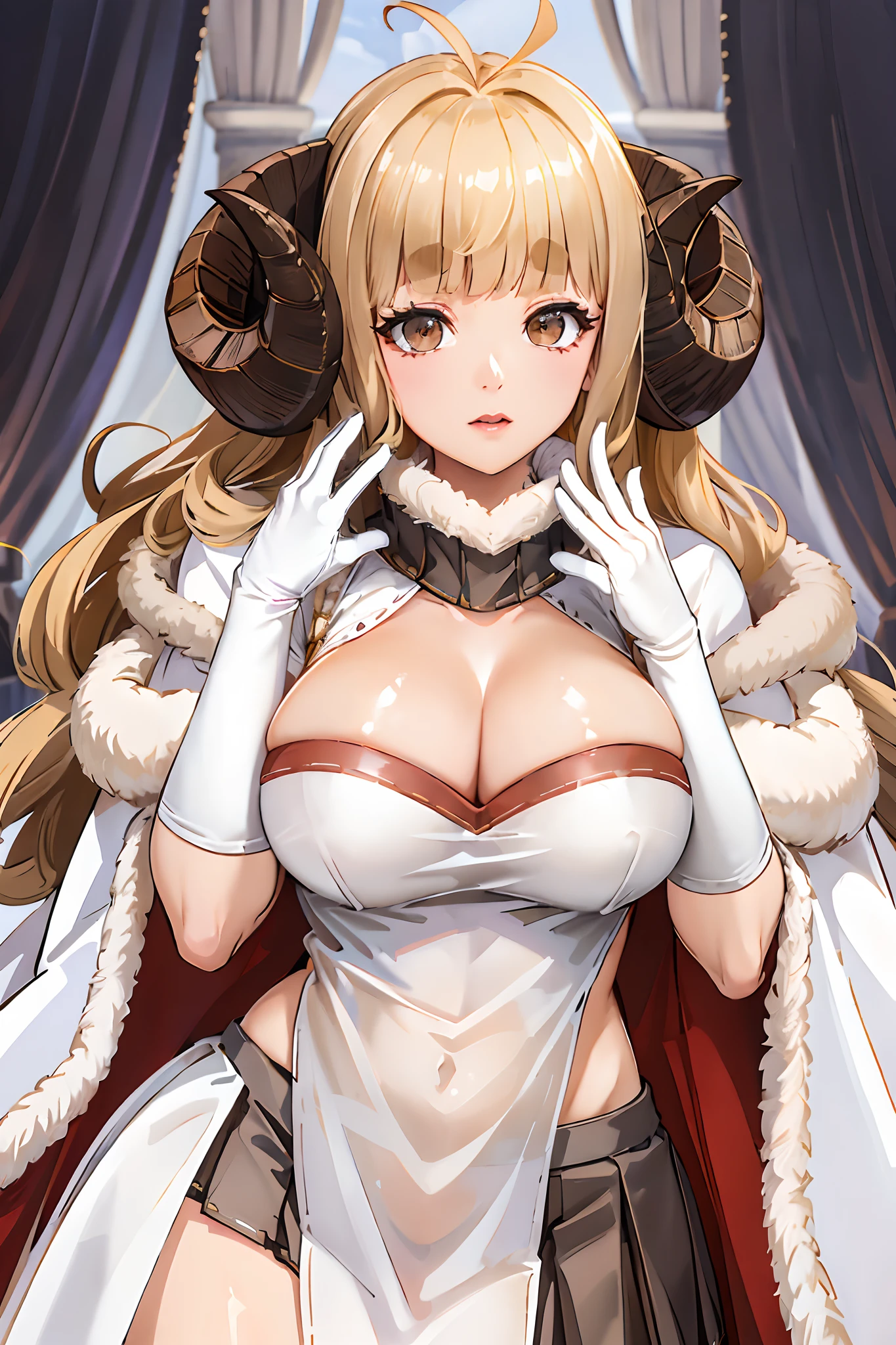 ANILADEF, CLEAVAGE, CAPE, WHITE GLOVES, WHITE THIGHHIGHS, PLEATED SKIRT, FUR TRIM, PELVIC CURTAIN, WHITE TABARD, 1girl, solo, upper body, large breasts, 5 fingersdetailed face, detailed eyes, detailed hair