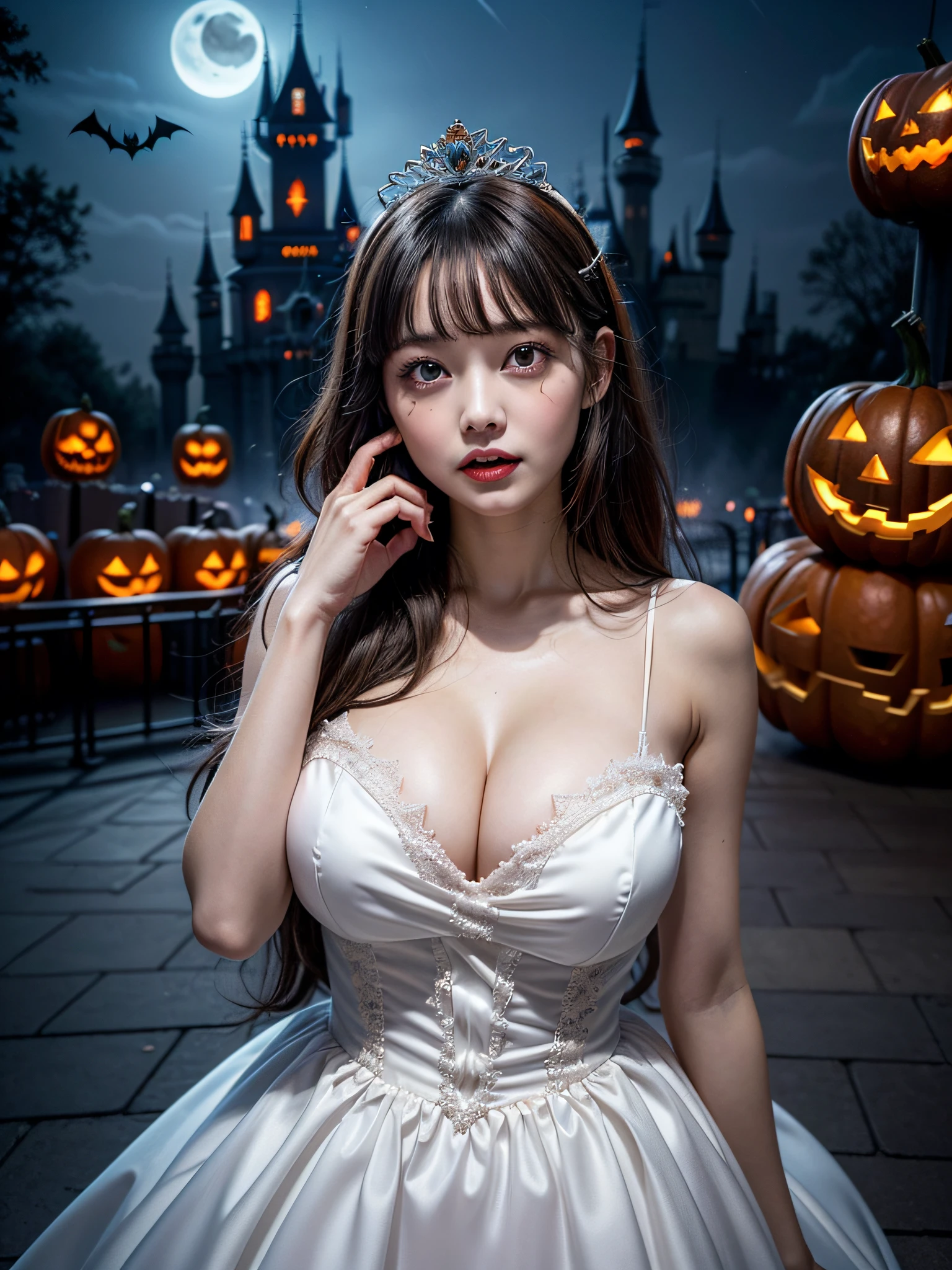 (1beautiful girl:1.2), (A photo of a beautiful girl wearing a princess dress:1.5), Amazing face and eyes, (extremely detailed beautiful face), (The sexiest look), (Beautiful big breasts:1.2), (Best Quality:1.4), (Ultra-detailed), (extremely detailed CG unified 8k wallpaper), Highly detailed, RAW Photos, Professional Photography, (Night amusement park, Halloween:1.5), (An eerie amusement park shrouded in thick fog), (super huge castle), (Huge and creepy castle:1.5), A scene from a movie,