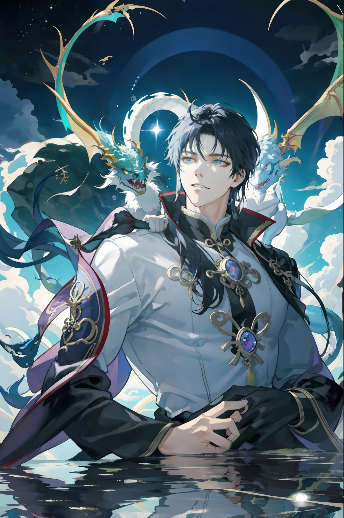 tmasterpiece、Need、1male people、AS-Adult、A MILF、Tall muscular man、dark themes、Magic Array、Buble、rainbow Sunlight、Under the water、Reflected mirror、floating piece of Glass、Rainbow light、Bubble Swirling、Wind swirl、extreme light、Fantastic landscape, Starlight around the character, (The upper part of the body),Dragon's horn,Dragon Man,chinesedragon