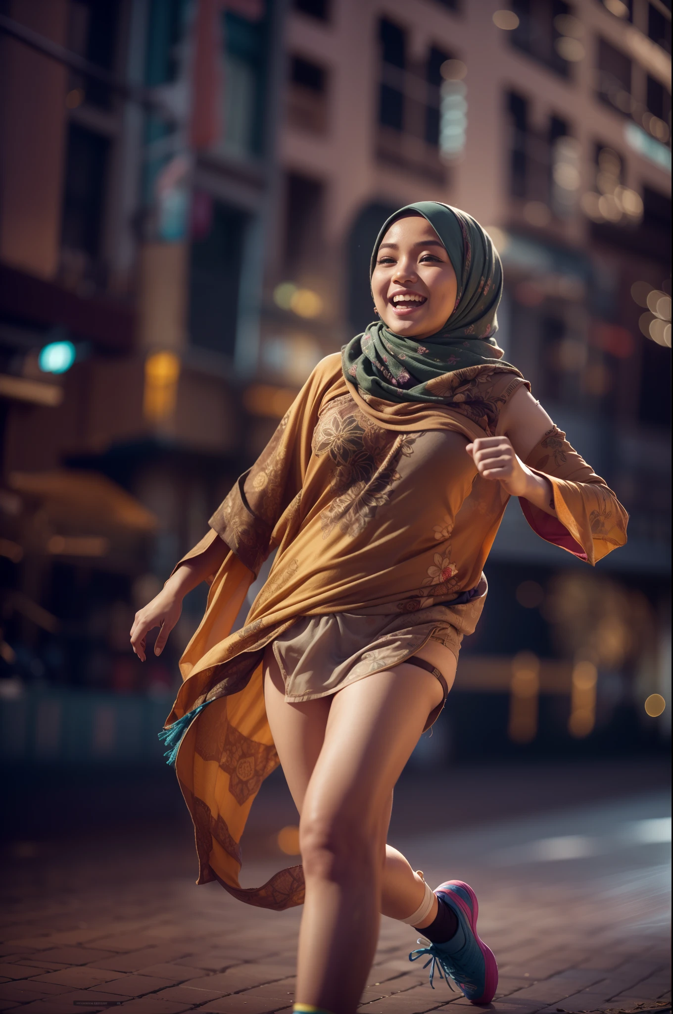 Portrait photo of a young malay girl, (laughing:0.7), malaysian, posing, look at a camera, full body, colorful hijab, colorful bra and panties, wearing colorful floral underwear, chubby camel toe, complex city background, backlit, (cinematic:1.5), epic realistic, hyperdetailed, detailed skin texture, camel toe, mole below eye, insane details, intricate details, accent lighting, soft volumetric light, bokeh, (dramatic light:1.2), (neutral colors:1.3), cross process, night background, portraying the motion and grace of running, showing the wind blowing her hijab, fluid movement, capturing the essence of her athleticism and energy, running
