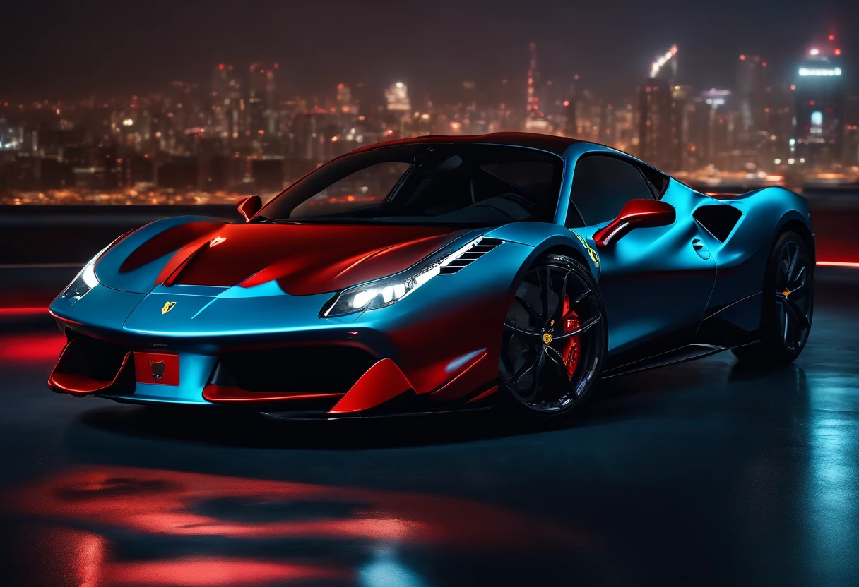 (Best quality, 8k, Masterpiece :1.2), hyper realistic, cyberpunk, at a mountain, an detailed red Ferrari 488, (Facing the audience), The blue skyscraper in the background, at night,