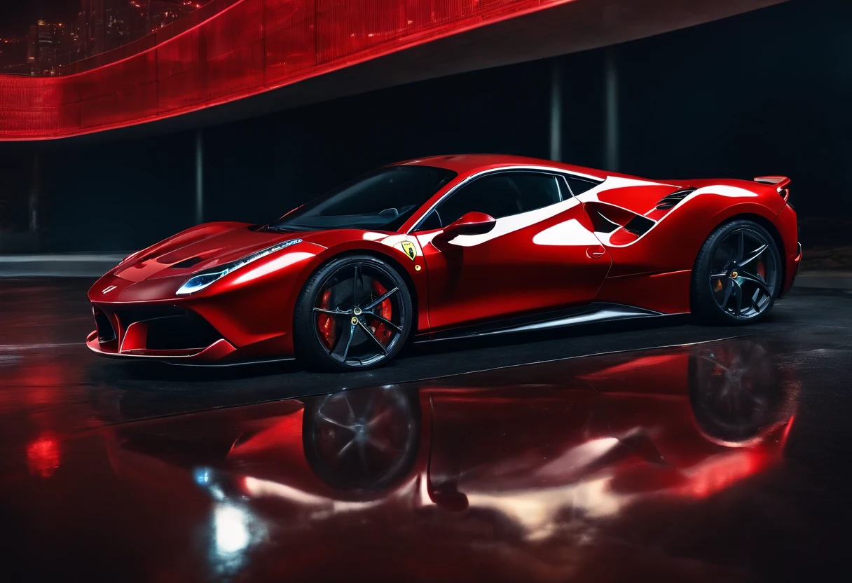 (Best quality, 8k, Masterpiece :1.2), hyper realistic, cyberpunk, at a mountain, an detailed red Ferrari 488, (Facing the audience), The blue skyscraper in the background, at night,