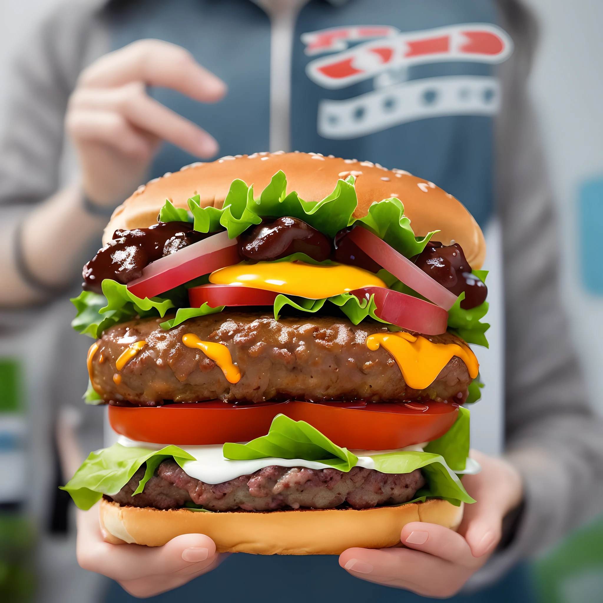 Pixel style poster: a little burger character exploring a amazing world of fast food, enjoying the travel