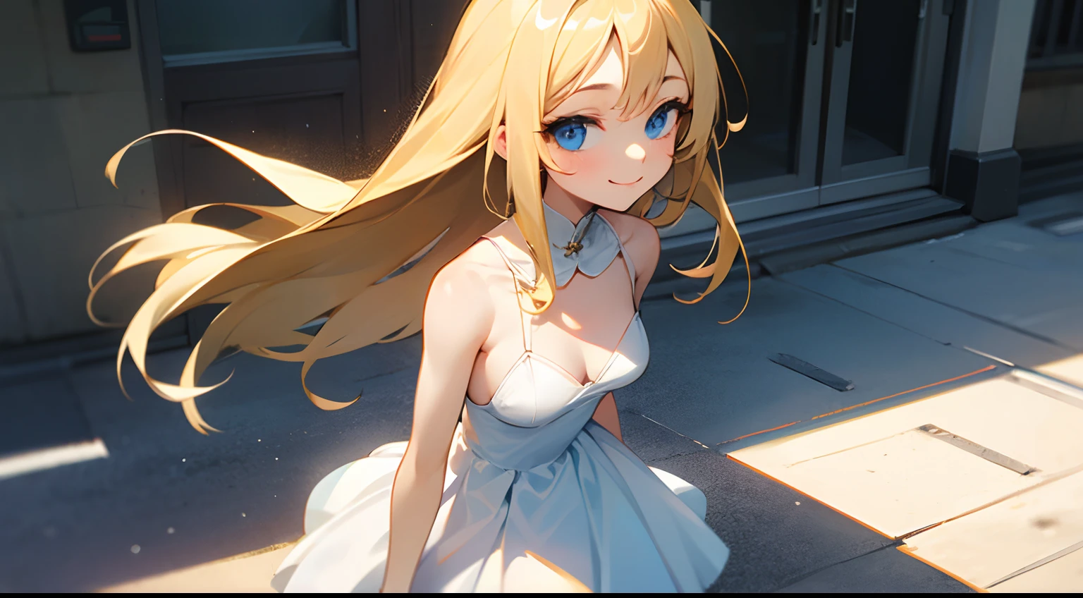 Blonde longhair、de pele branca、small stature、Undersized breasts、Young Face、innocent smiles、Blue eyes、Street、White dress clothes、Exposed shoulders、a closeup、