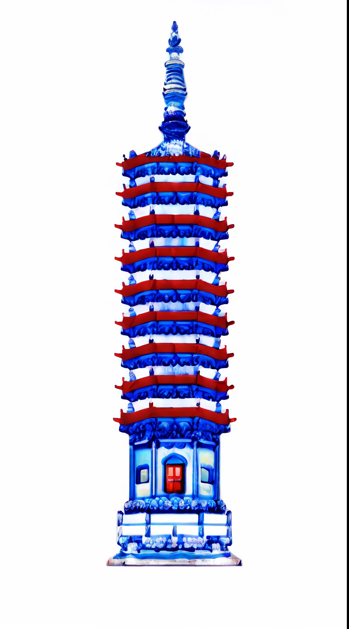 No background,Chinese style buildings, Inspired by blue and white glaze red open appliqué lid jars, Chinese palaces, Full view, The traditional color scheme is white, blue and red,Blue and white porcelain,Glaze red,White porcelain effect