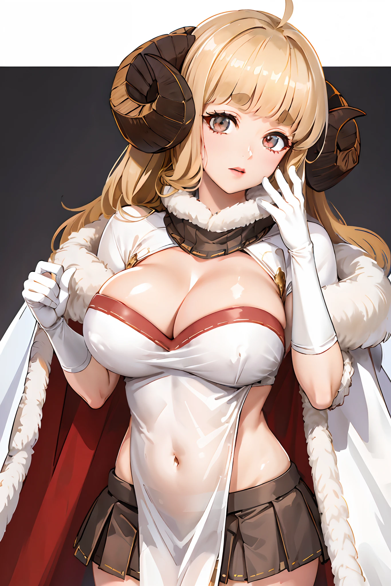 ANILADEF, CLEAVAGE, CAPE, WHITE GLOVES, WHITE THIGHHIGHS, PLEATED SKIRT, FUR TRIM, PELVIC CURTAIN, WHITE TABARD, 1girl, solo, upper body, large breasts, 5 fingersdetailed face, detailed eyes, detailed hair