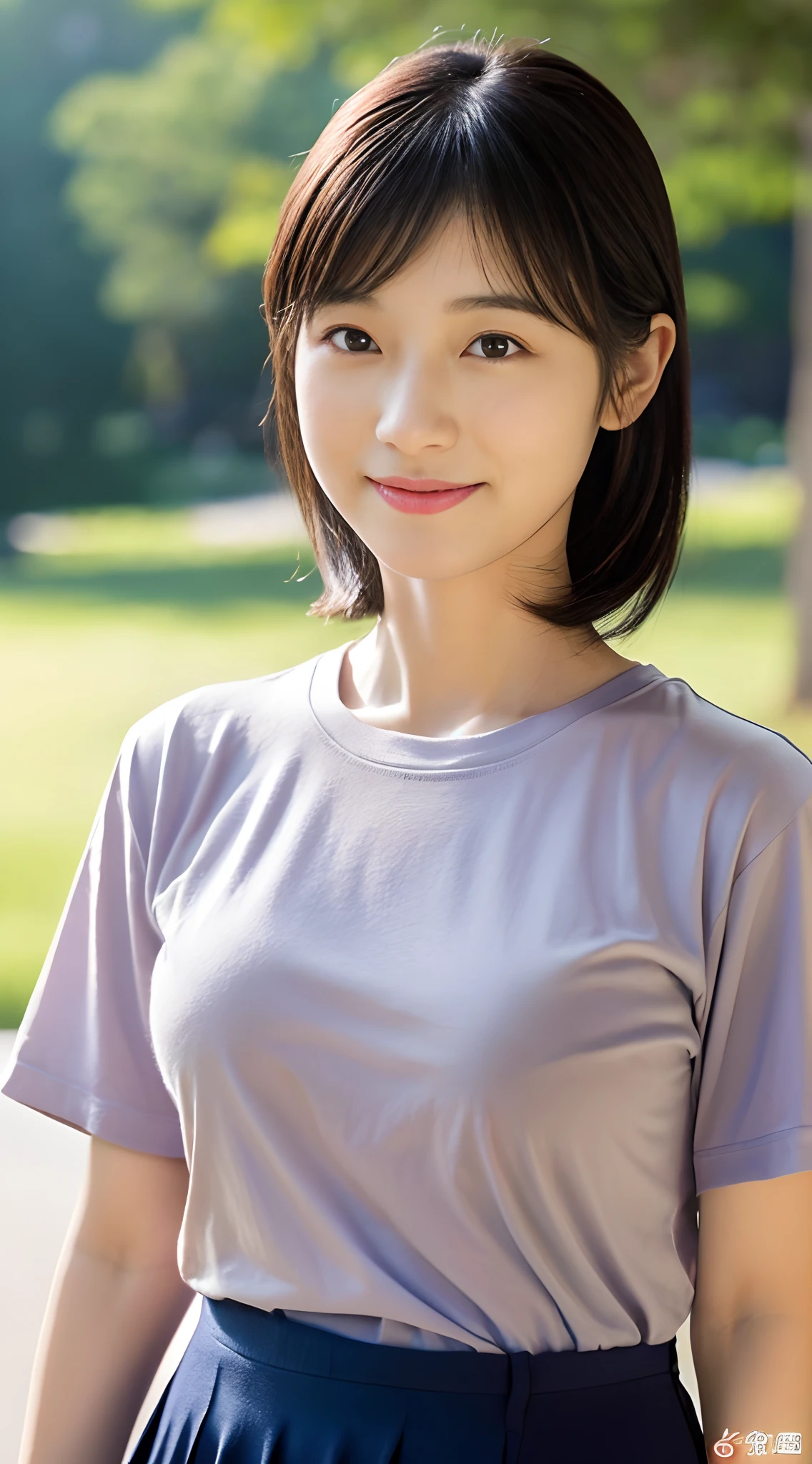 (japanes),(32years old), (Slender woman), (small tits),(Slender eyes),Narrow-eyed,Single eyelid,(She is short in stature),(She wears almost no makeup),Natural makeup,thin lipss,Smiling,The length of hair to the shoulders,Black hair,(She is in a well-lit park),(She has small breasts), (((She wears a big navy blue t-shirt))), ((She wears a long skirt in beige)), (Photorealistic), (Ray tracing), (Sharp Focus), 鎖骨, (Detailed face), natural and realistic skin textures, Soft face,  (((Cameltoe))),((perfect anatomia:1.4))