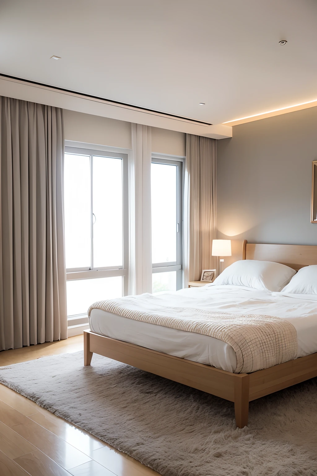 The bedroom has a large fluffy bed and a sofa on the right side, Floor-to-ceiling glass windows by the bed, Delicate and beautiful background wall, Small gray square carpet, wooden floor, serene and peaceful style, Elegant and sophisticated concept, sublime-comfy-elegant ambience, stunning render, ornate and elegant, Meticulous modernist style, designed for cozy aesthetics, Sophisticated accent lighting, golden hour light, sunset afternoon,The black line on the top face is canceled,