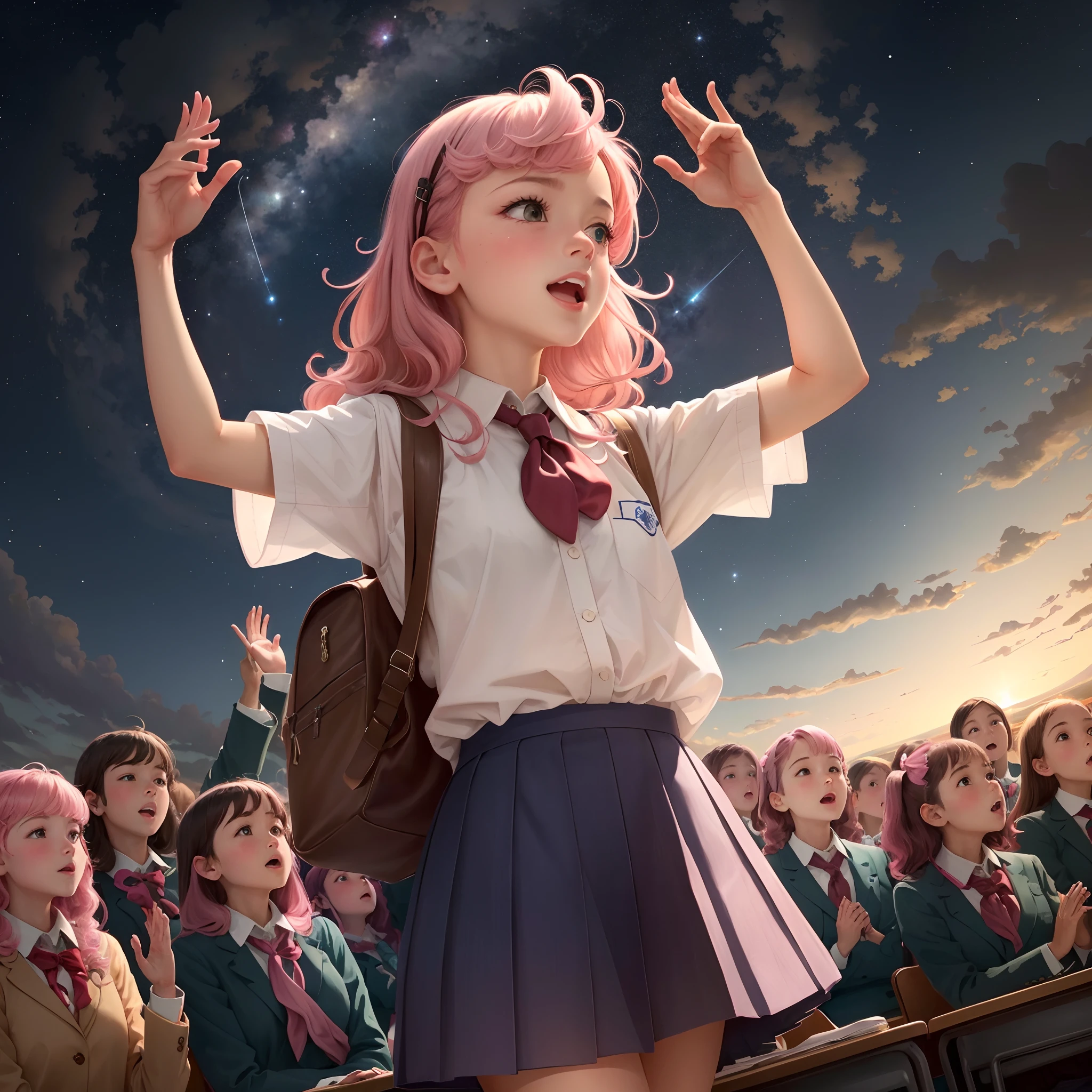 girls,A pink-haired,Look up at the stars,Raise your hand to pick up the stars