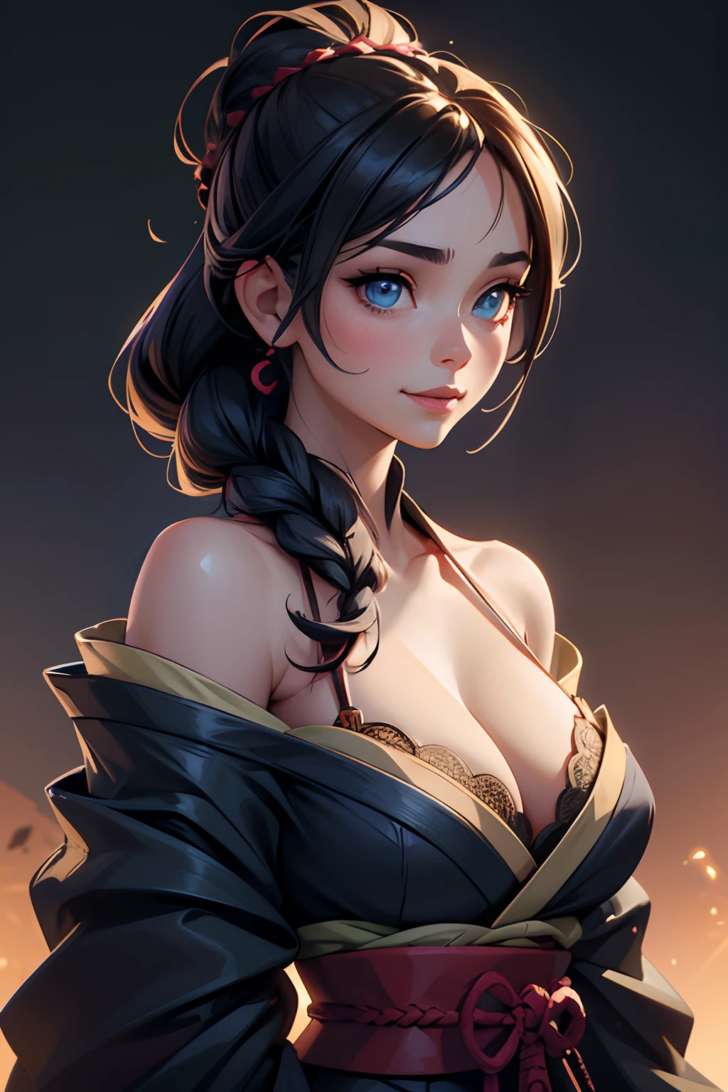 A beautiful flirtatiously smiling woman, a very busty ronin wearing gold lace kimono, Meiji restoration, blue eyes, yojimbo, cleavage, bare shoulders, HD, UHD, WLOP, Artgerm, French braid hairstyle, a view from the side and above,  large anime eyes, realistic eyes, highly detailed eyes, natural skin, natural skin texture, subsurface scattering, muted colors, skin pores, perfect face, perfect eyes, perfect full lips, supple female form, vivid, cinematic, Film light, Hyper detailed, Hyper-realistic, masterpiece, atmospheric, High resolution, Vibrant, High contrast, dark angle, 8k, HDR, 500px, Art by Redjuice