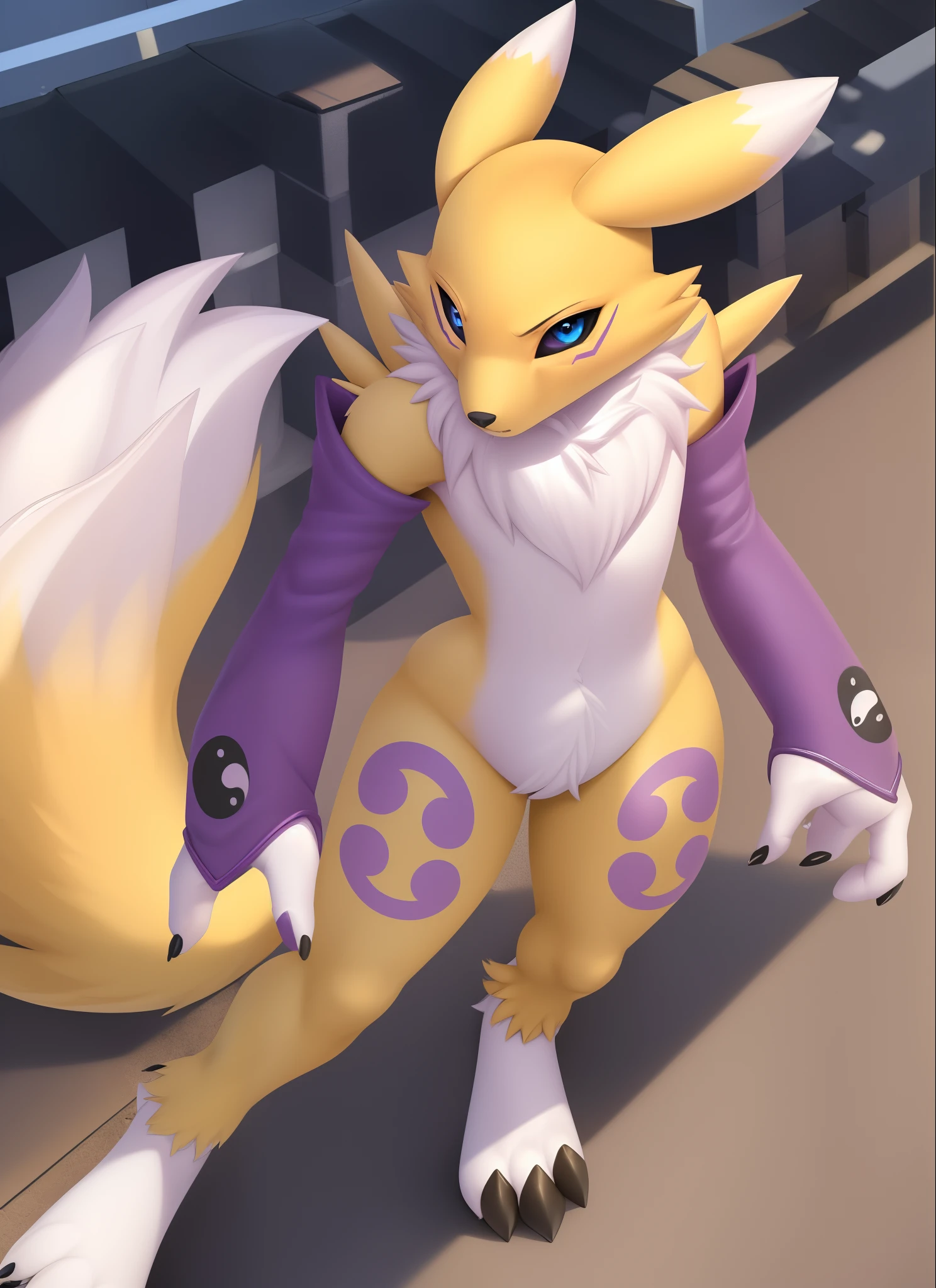 renamon, furry, chibi, anthro, ambiguous gender, portrait, fully body, standing, solo, (body fur:1.2), (best quality), gradient background, studio lighting, (detailed fluffy fur:1.1), looking at viewer, yin yang print, bridal gauntlets, tail, leg tattoo, background on a rooftop, looking down at viewer