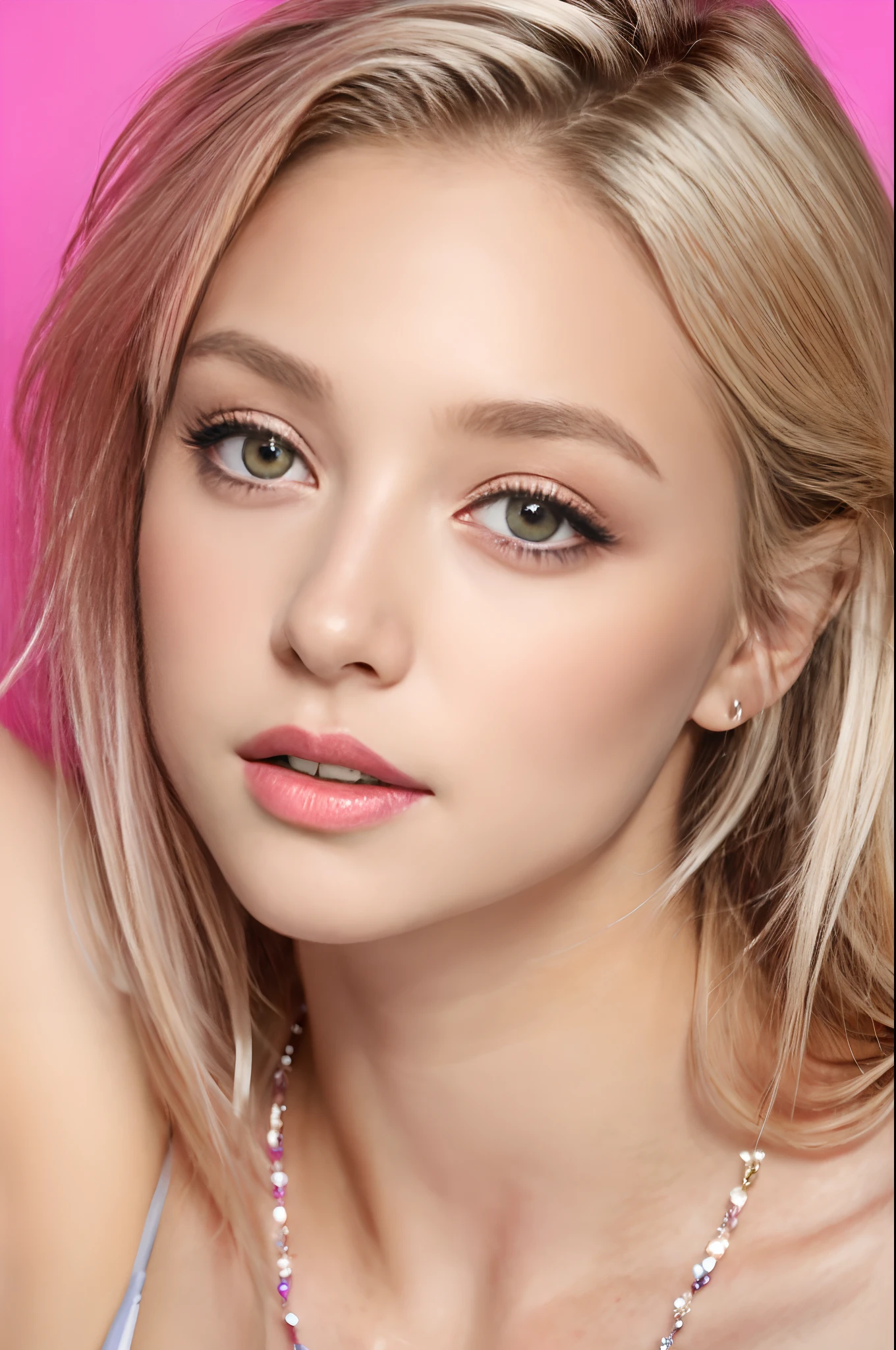 beautiful a girl, brown_eyes, ((Beautiful slim age girl 18 years old, hair-color [Gradated blonde hair], [Pixie with undercuts]The hair)), a necklace, s lips, realisitic, big breasts thin waist, Charming, pink lipsticks, colorful makeup, long eyeslashes, 耳Nipple Ring, wearing eyeliner, fair white skin, (cute little), (详细的脸), A detailed eye, Detailed iris