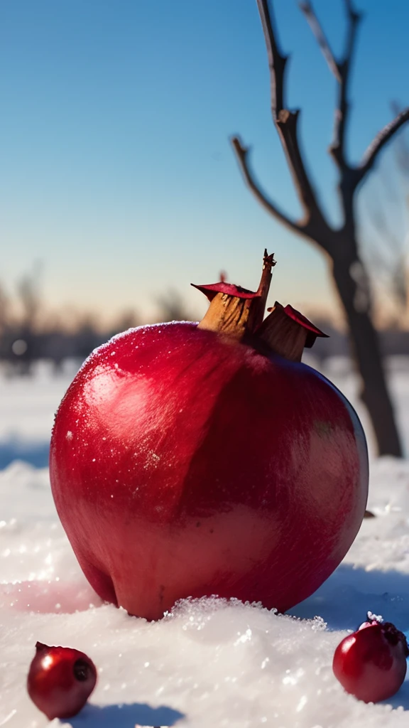 On the frozen branches grow red pomegranates，There is frost on the pomegranate，Early winter weather，Orchard background，Blur hazy background，
