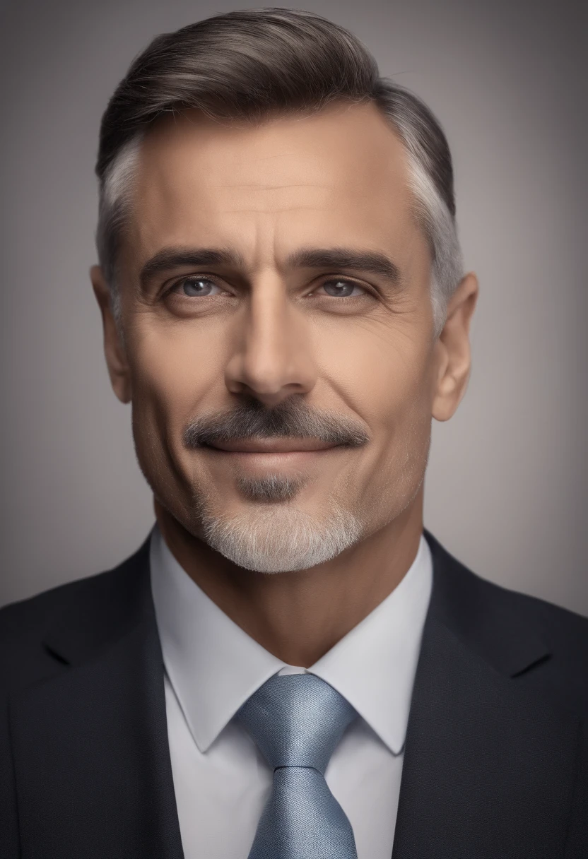 Realistic portrait of middle-aged business professional, 110 libras de peso, profissionalmente vestido com terno e gravata, alta qualidade, highest resolution, looking straight at the camera, profissional, belos olhos detalhados ligeiramente acastanhados, beautiful detailed lips, barba curta, cabelos curtos grisalhos;, kind expression, sorriso quente, olhar diferenciado, Adequate lighting, fundo liso, Medium Canvas, textura ultra-detalhada,master part:1.2
