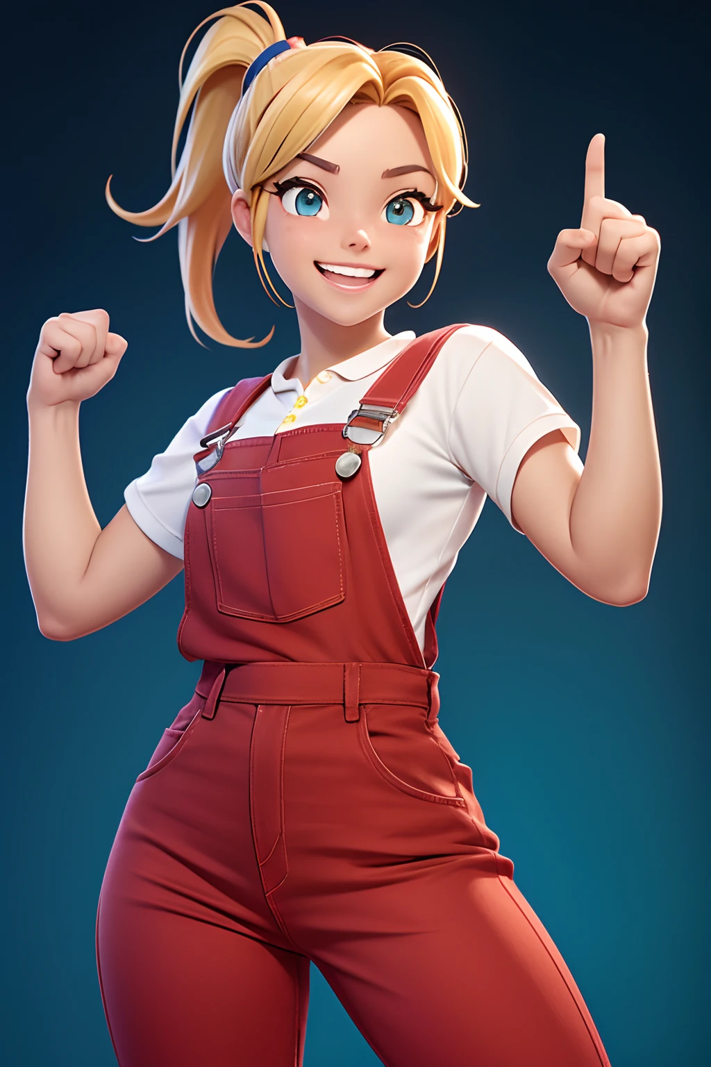 Same Reference Character, headpe, Costas, Laterais, parte de traz, (corpo inteiro: 1.2), Menina dos desenhos animados, with a fist in hand, Pointing your arms to the sky, Torcendo, victory, Feliz, Energetic, rostos festivos, cheerful expressions, momento emocionante, aplausos estrondosos, pulando para cima e para baixo, Raised Hands, Sorrisos, arousal, triunfante, orgulhoso, dinamic poses, wearing red overalls, com bolsos amarelos, blonde hair ponytail, olhos morron, sorriso mostrando os dentes, ((Feliz: 1:1)), (red pants: 1.1), (Green suspenders: 1.1), She's vibrant, euphoric, ecstatic, enthusiastic, Fantastic achievement, Unforgettable Memory, Success, excitante, vibrante, dynamic lighting, (fundo do gradiente da branco claro: 1.1)